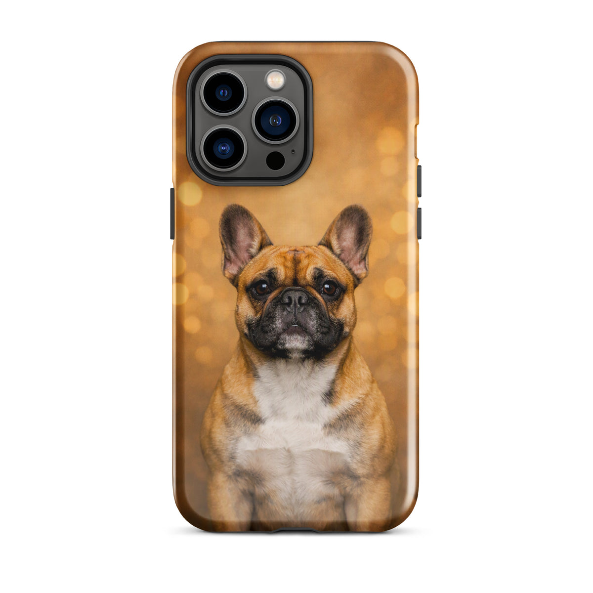 Phone Case for iPhone featuring a French Bulldog portrait with a warm glow background, perfect for dog lovers and whimsy enthusiasts.