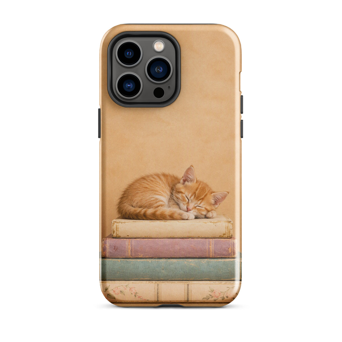 Phone Case featuring sleeping kitten on vintage books, perfect for iPhone with cozy design and vintage charm.