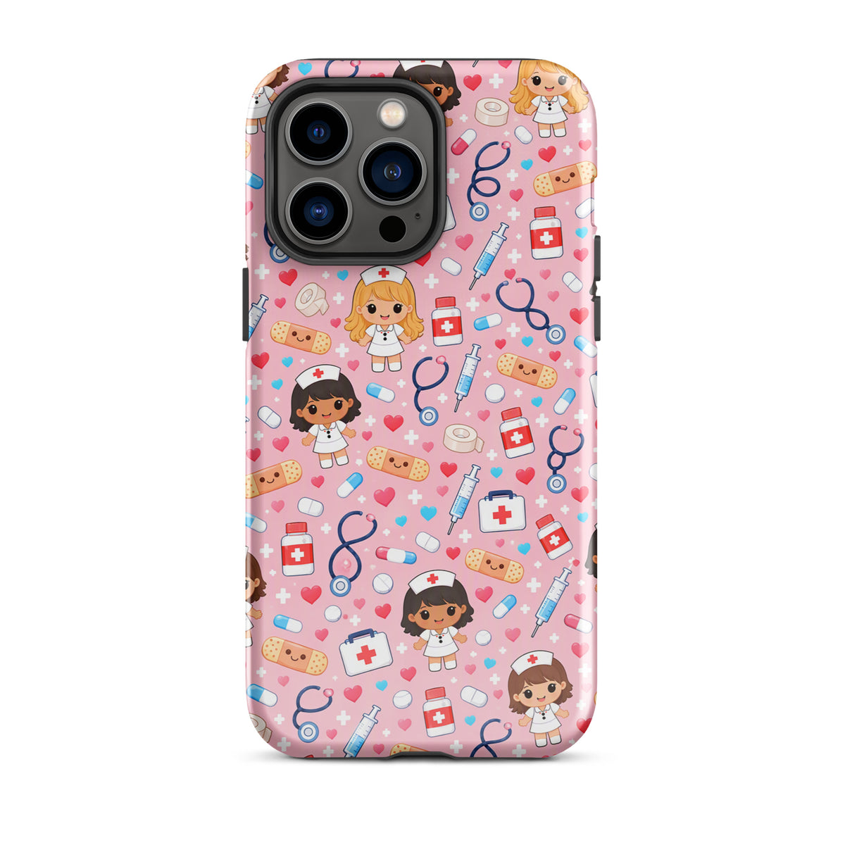 Phone Case for iPhone with kawaii nurse medical pattern on pink background featuring adorable healthcare illustrations.