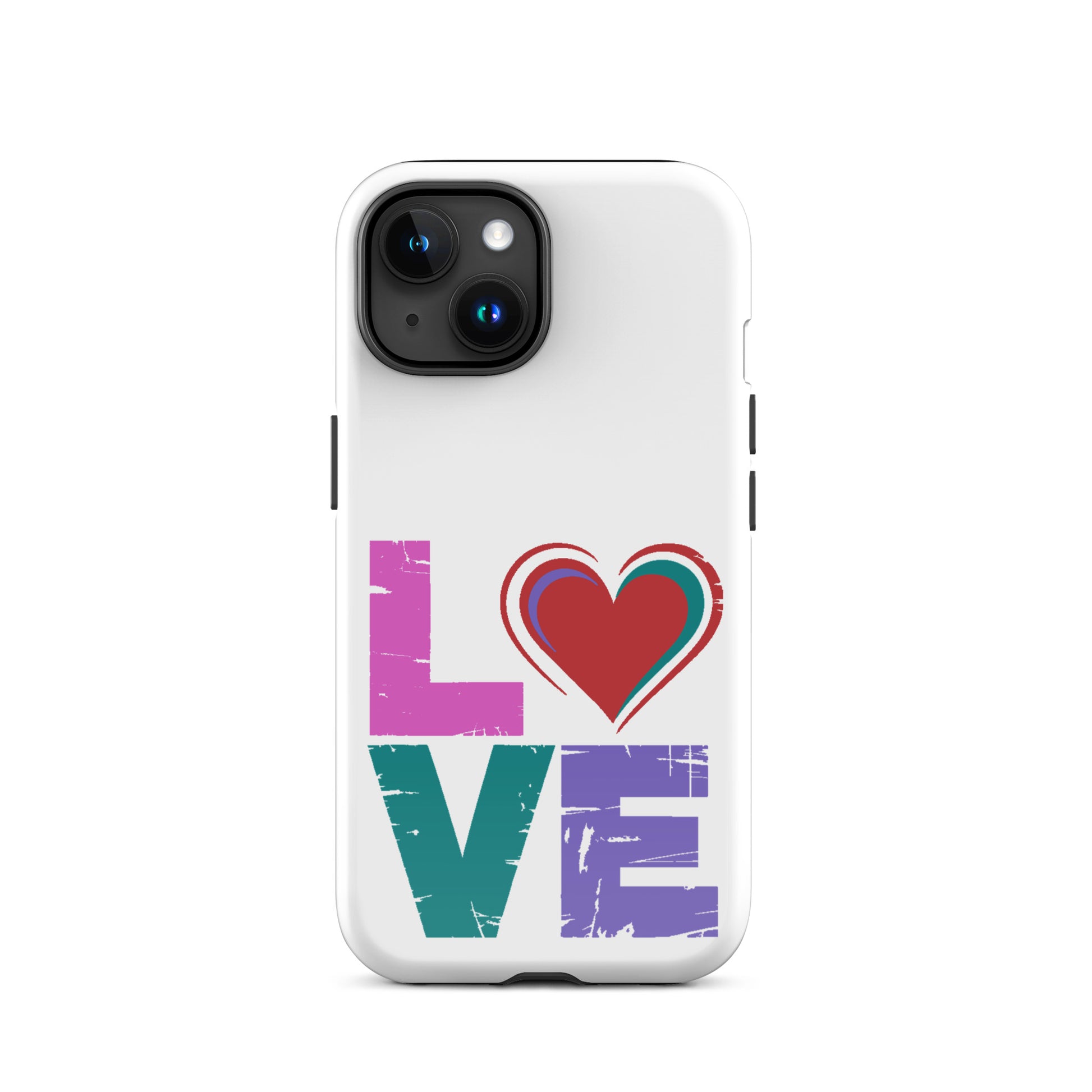 Love Tough Dual Layerd Case for iPhones with colorful love design and heart detail.