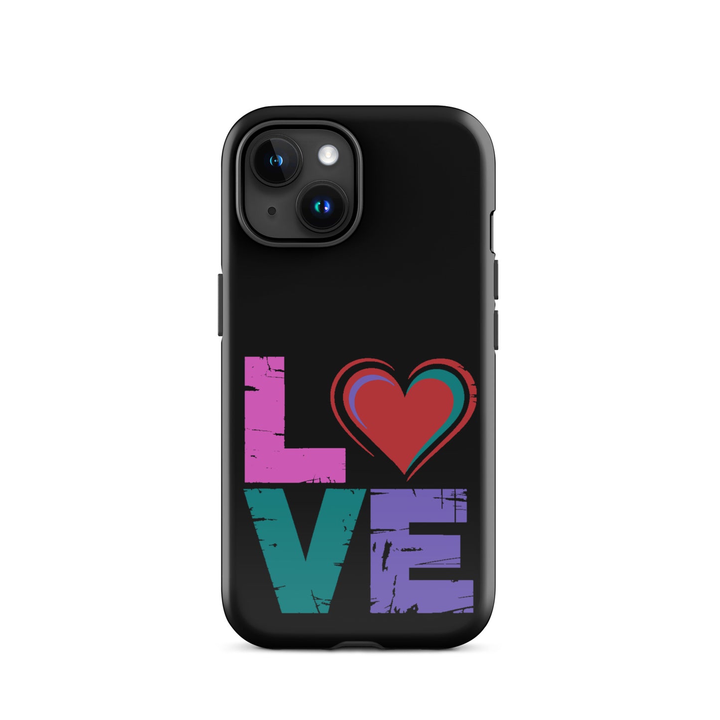 Love Tough Dual Layered Case for iPhones featuring a colorful love design with a heart.
