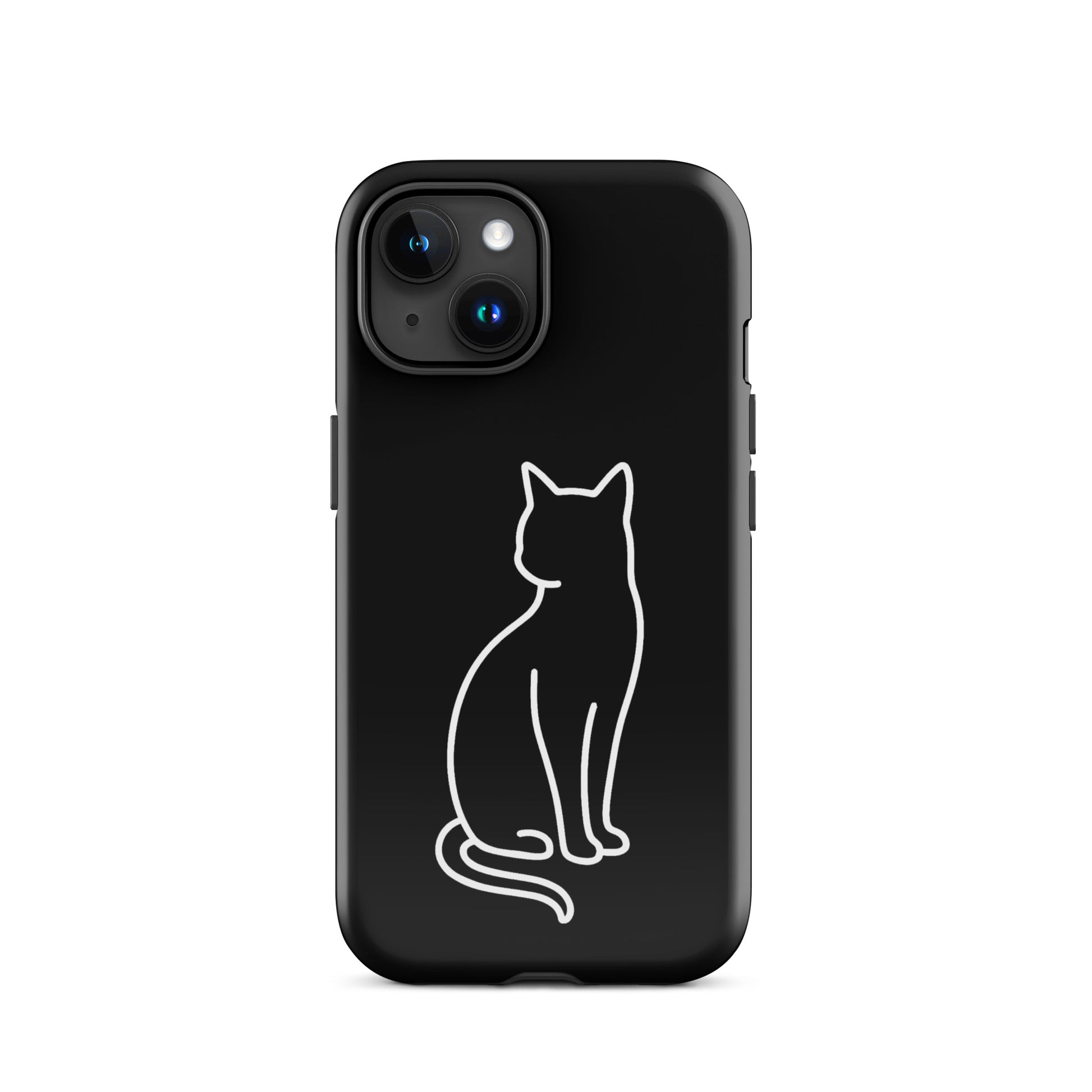 Phone Case for iPhone featuring a minimalist outline of a sitting cat on a sleek black background.