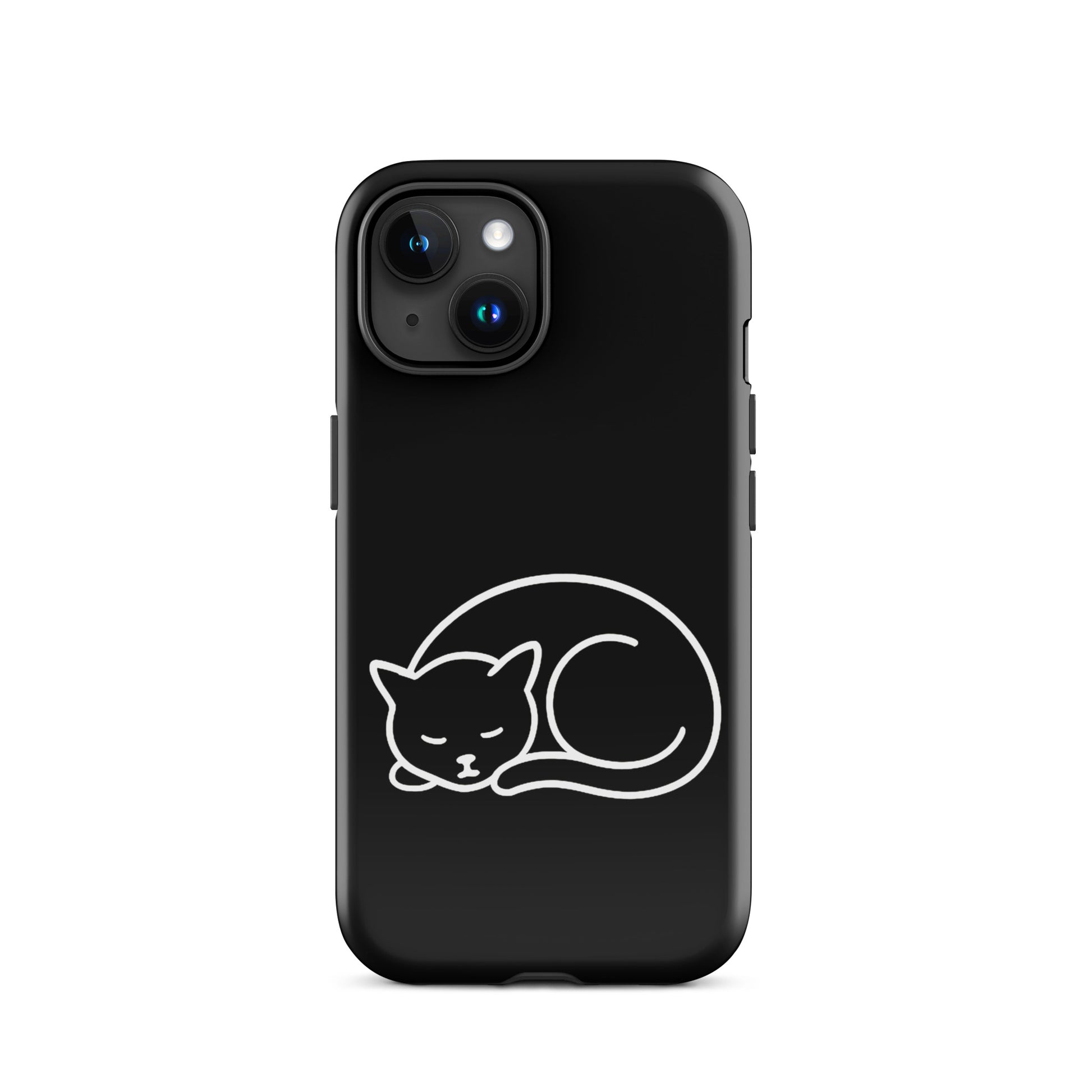 Phone case for iPhone featuring a minimalist curled-up cat design in white on a black background.