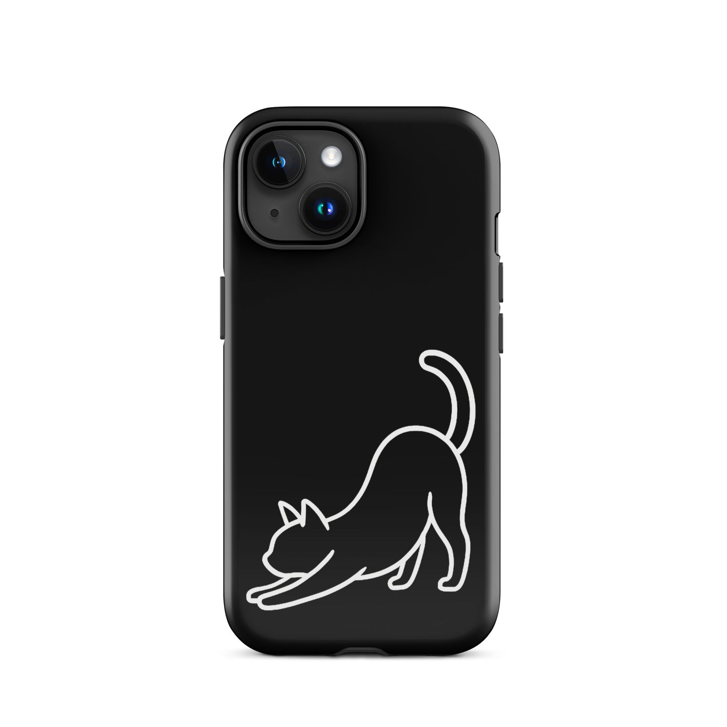 Phone Case featuring a minimalist stretching cat design on a sleek black background for stylish protection.