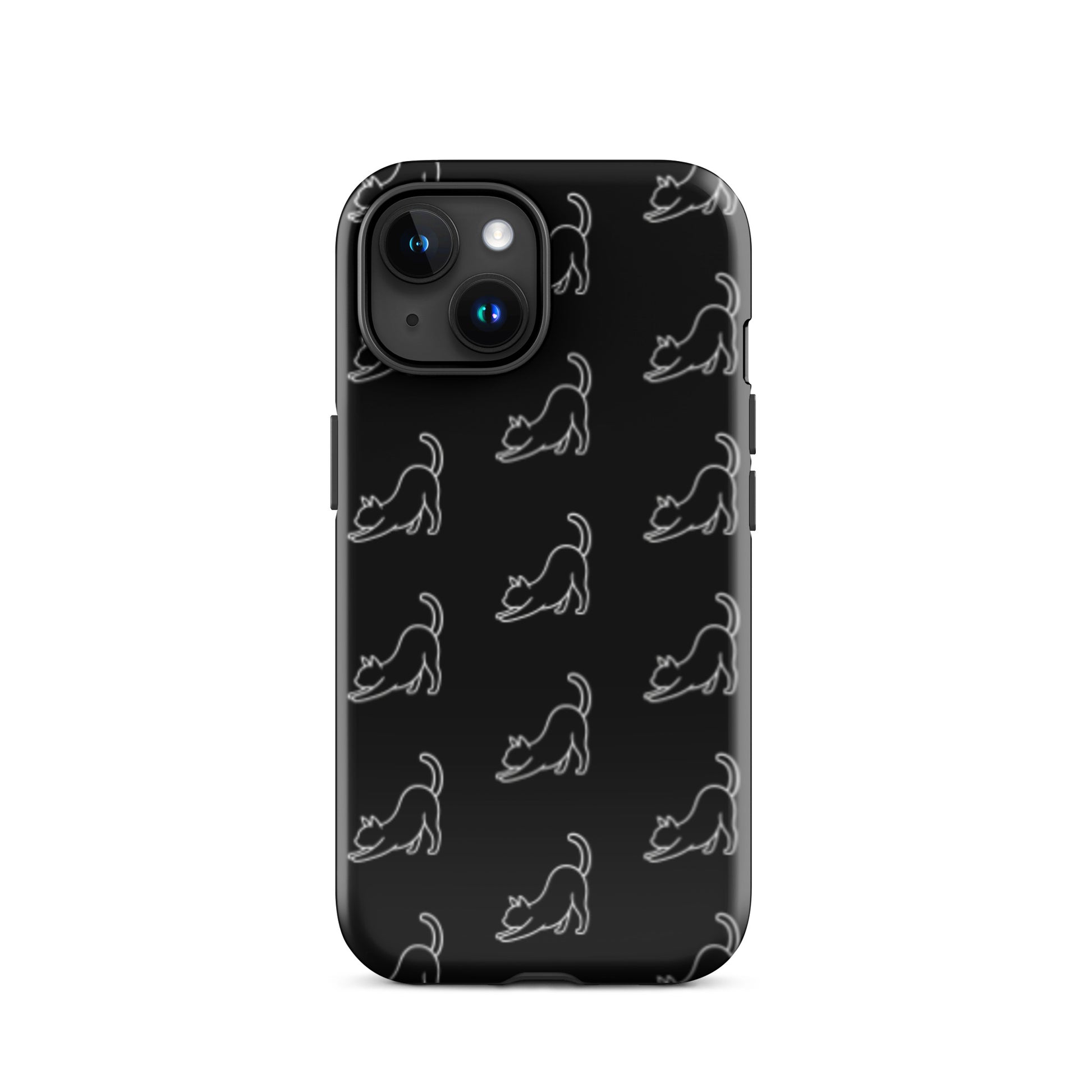 Phone Case featuring a minimalist stretching cat pattern on a sleek black background.