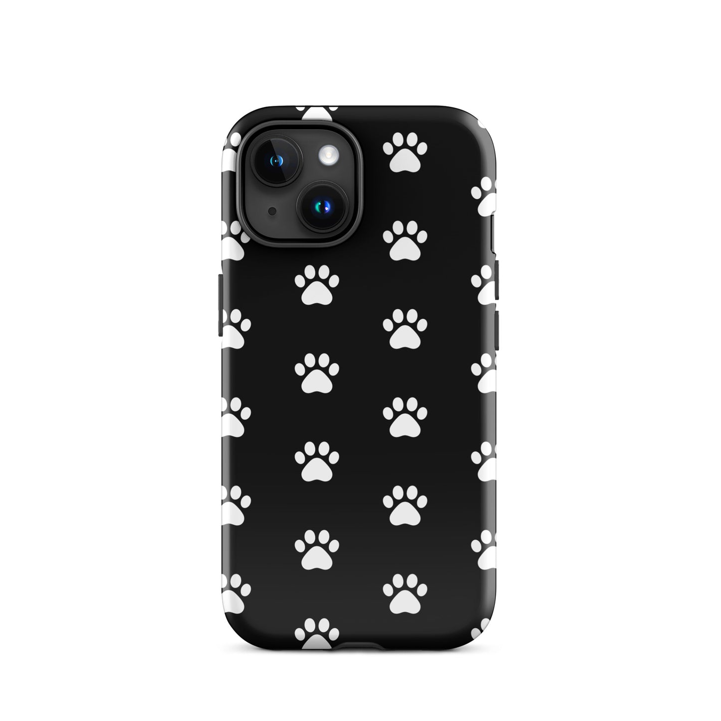 Phone Case for iPhone featuring a stylish paw print design for pet lovers with a black background.