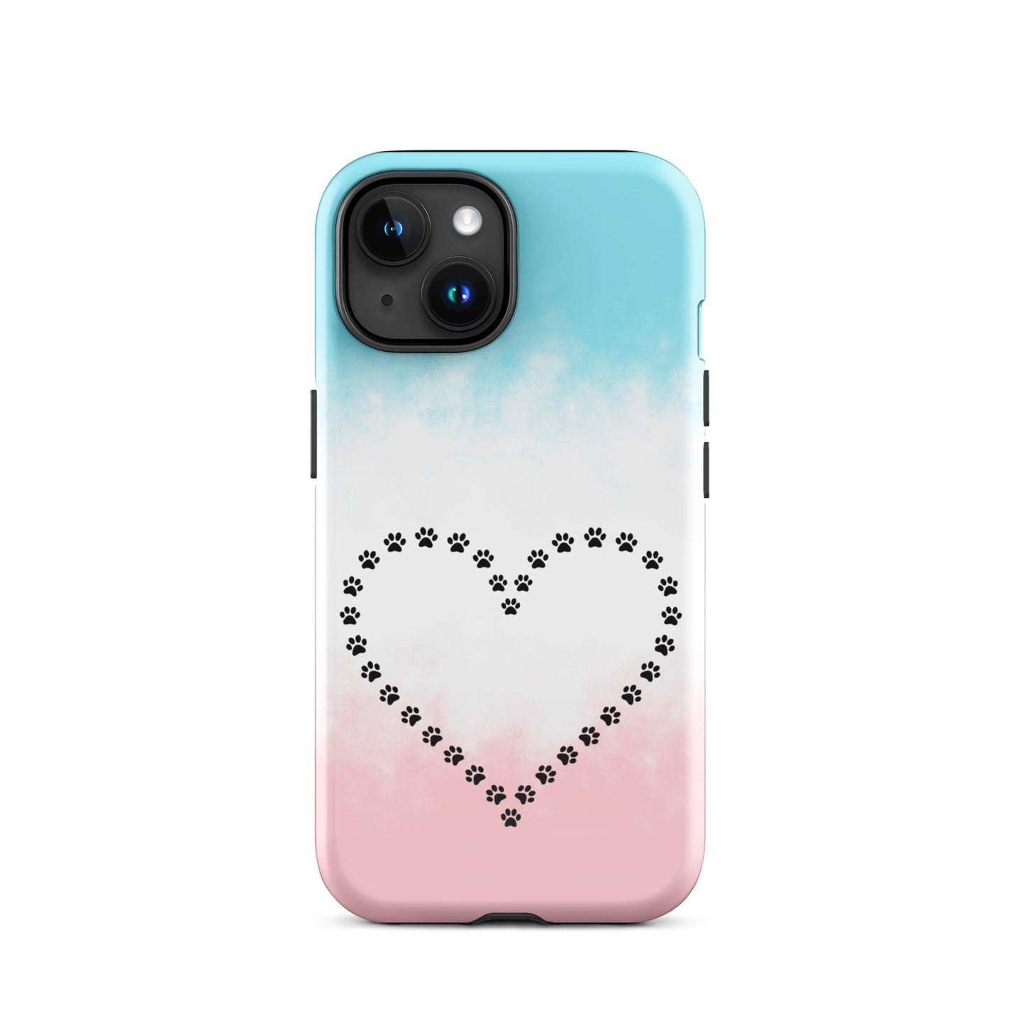 Phone Case for iPhone with a playful paw print heart design in blue and pink.