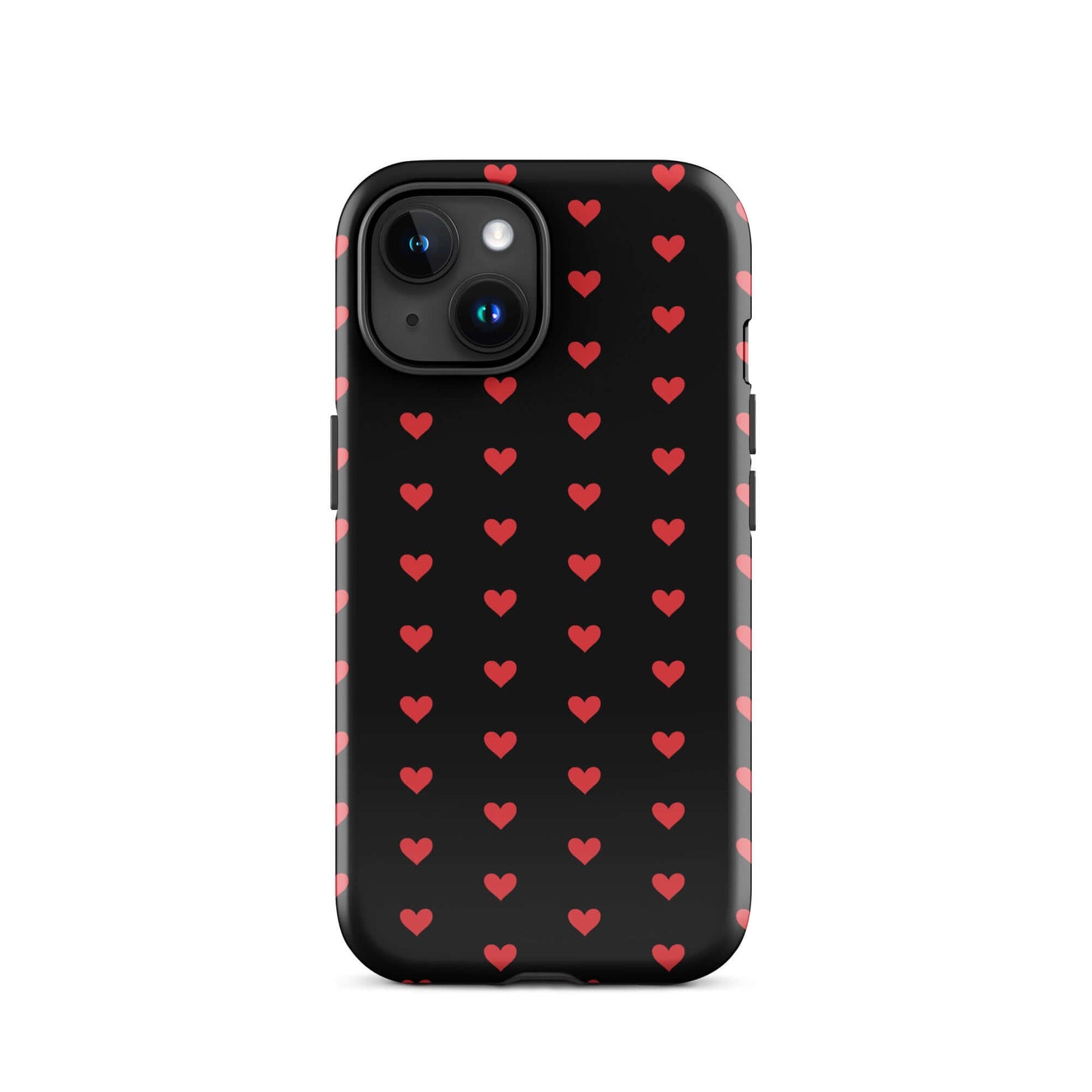 Phone Case for iPhone featuring fiery red hearts on a black background, combining style and durability.