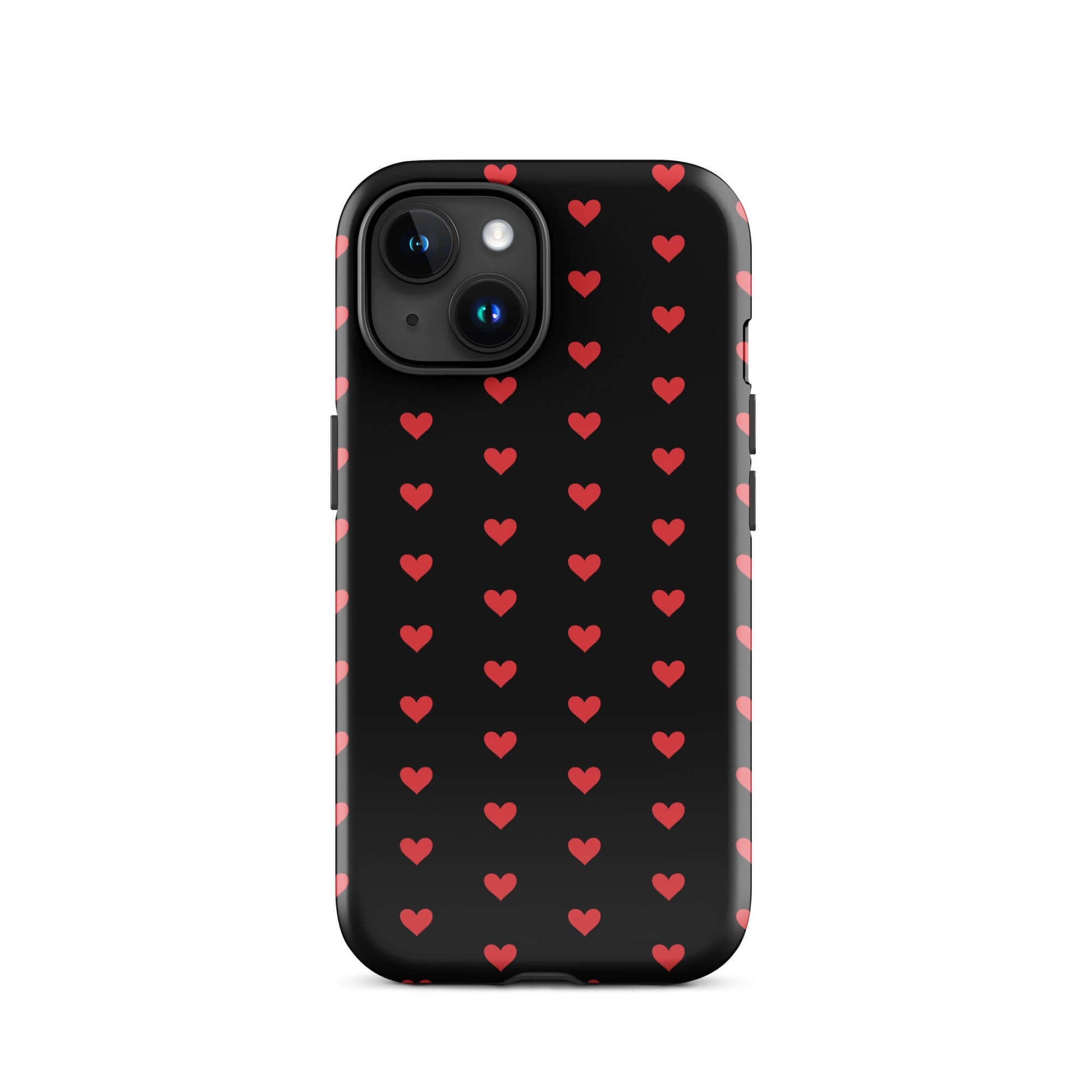 Phone Case for iPhone featuring fiery red hearts on a black background, combining style and durability.