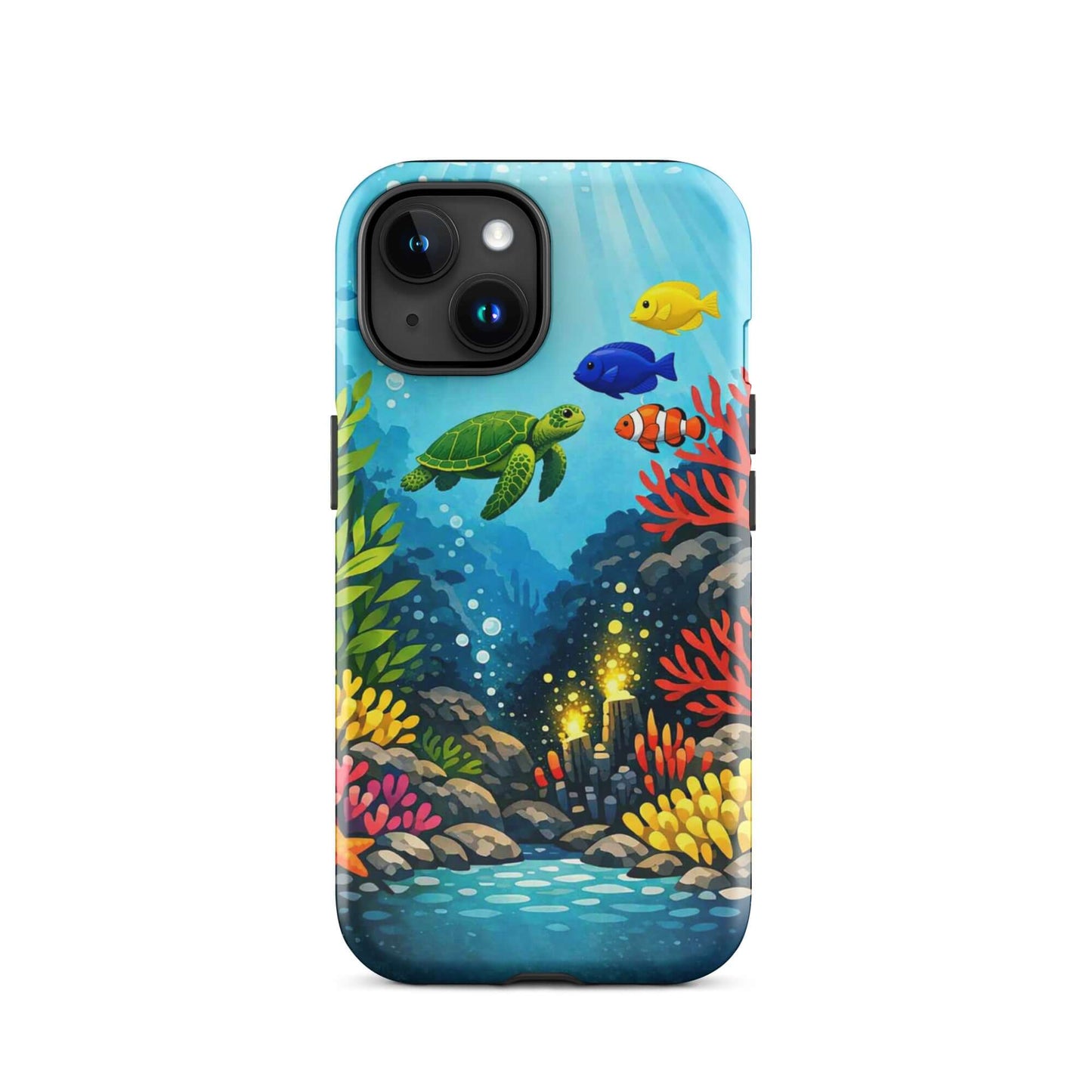 Phone case featuring vibrant sea turtle and coral reef design with colorful tropical fish.