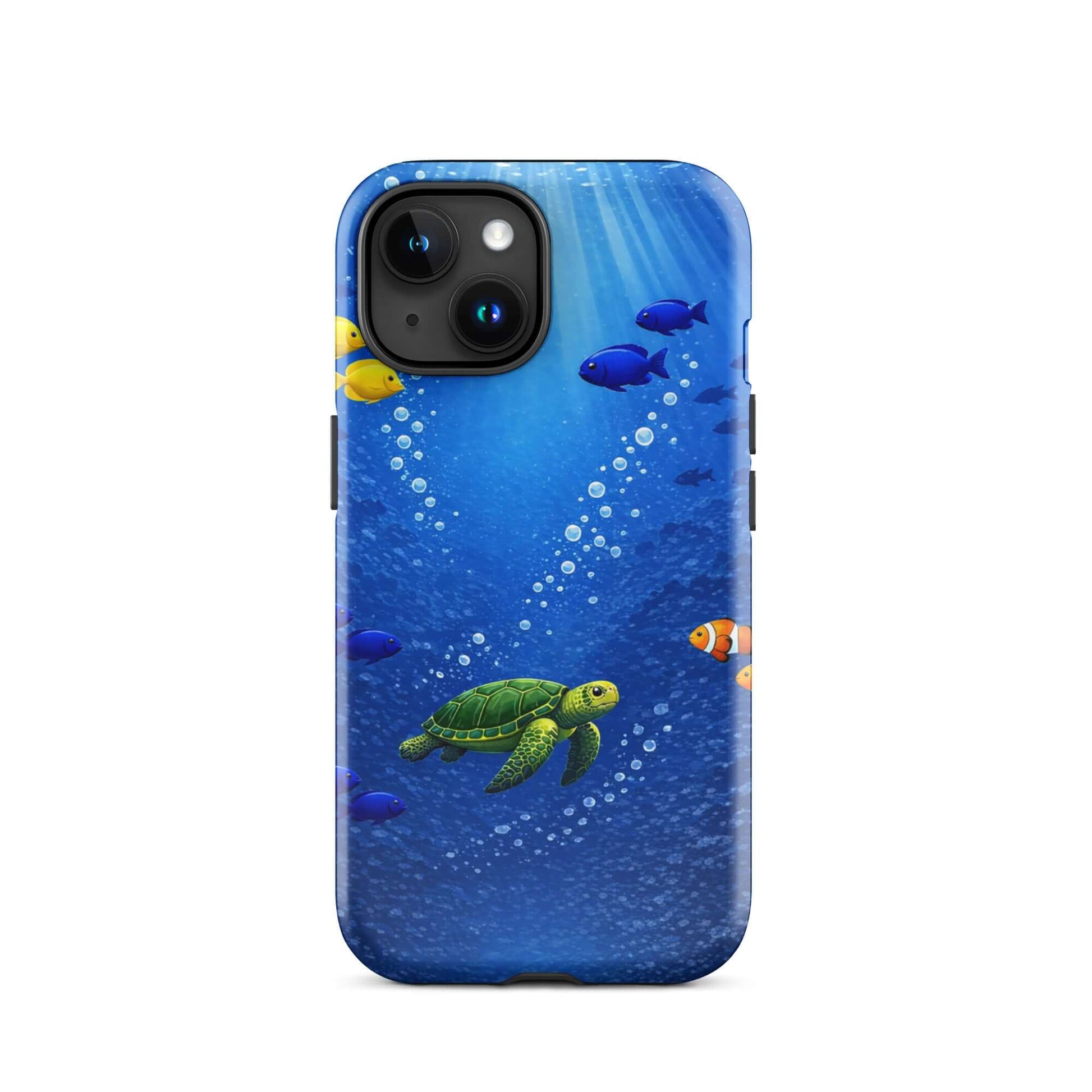 Phone Case featuring a vibrant sea turtle design amidst colorful tropical fish in deep blue water.