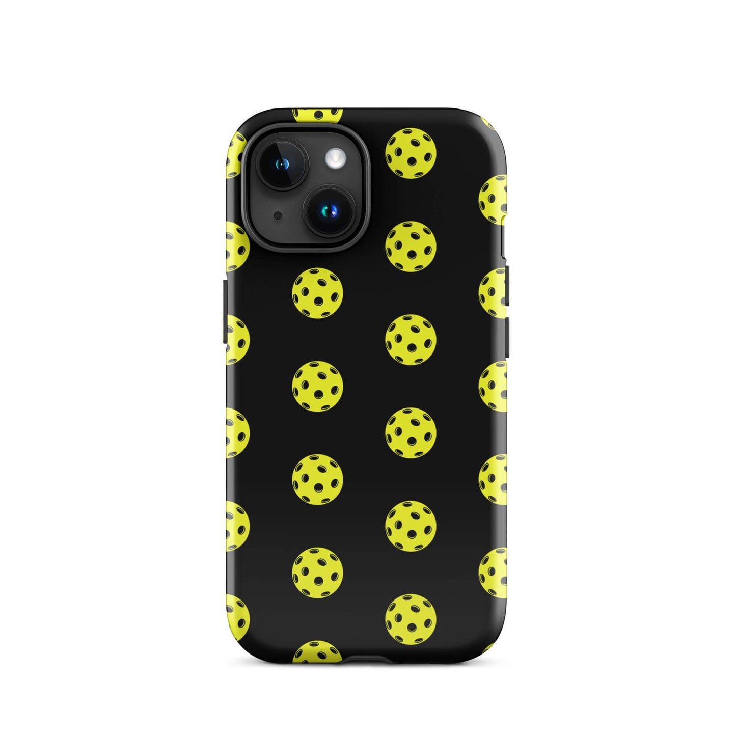 Phone Case featuring a playful pickleball pattern on a black background for sporty style.