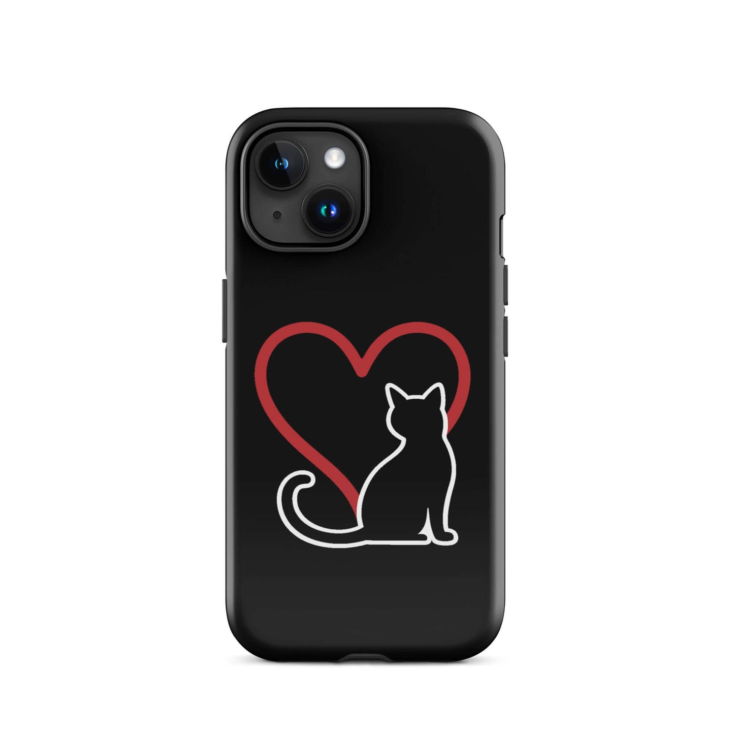 Phone Case featuring a minimalist black cat silhouette beside a red heart on a sleek black background.