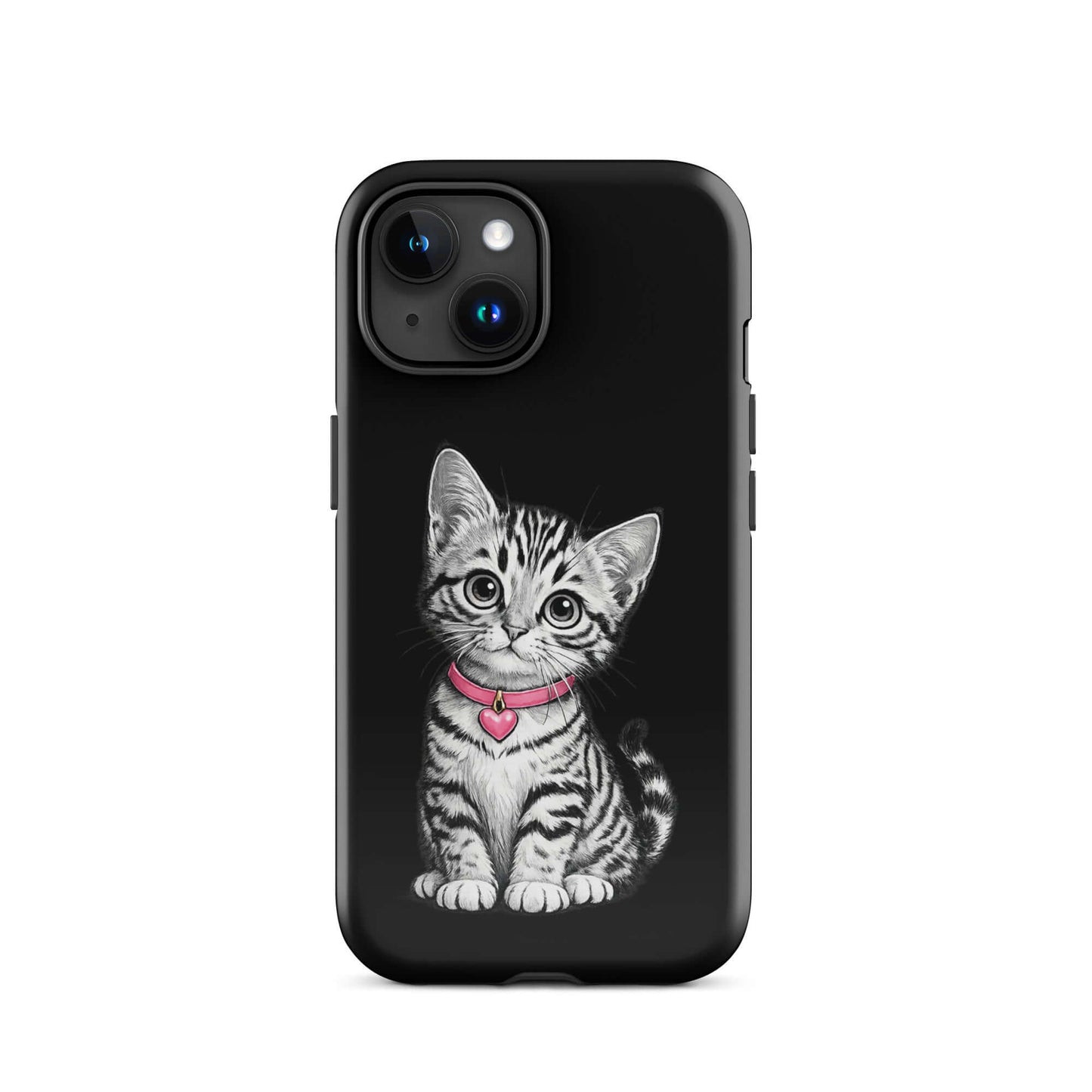 Phone Case with pencil sketch kitten and pink heart charm for iPhone