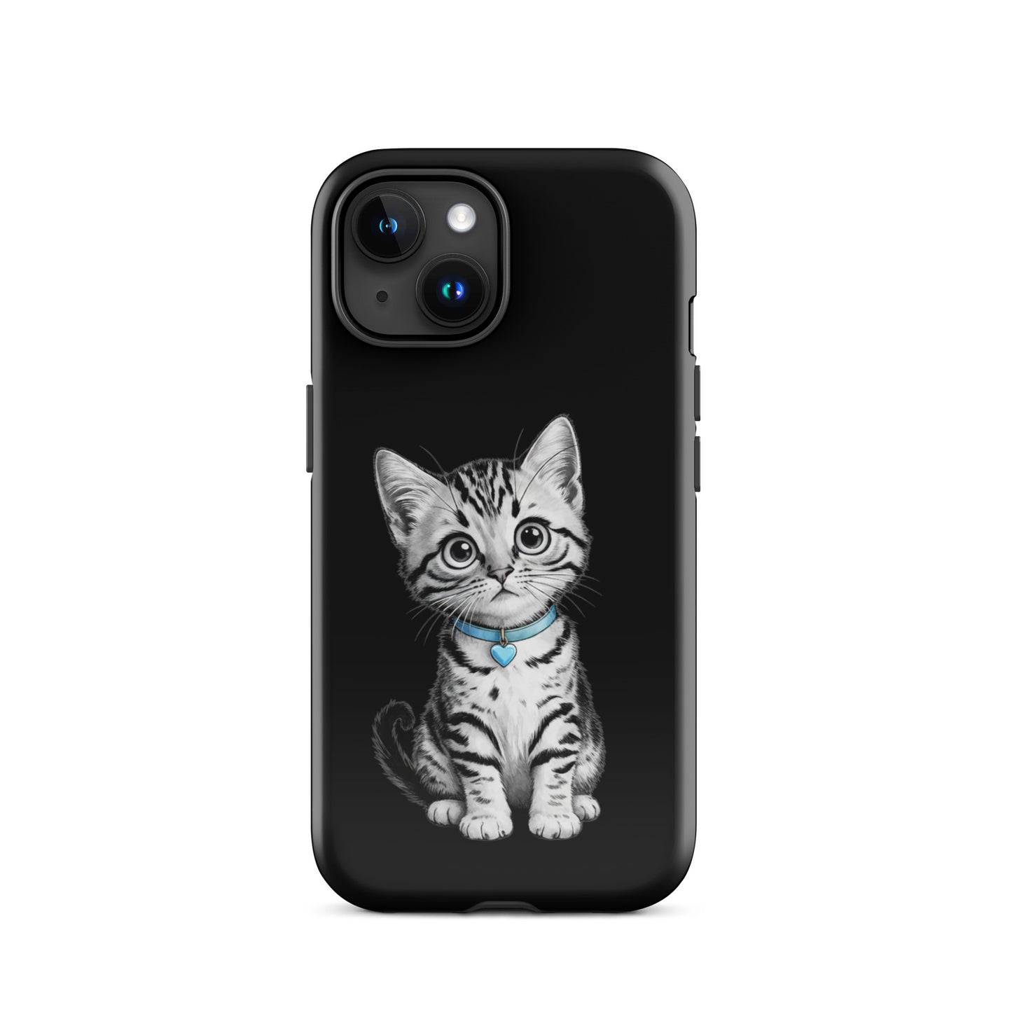 Phone Case for iPhone with kitten sketch and blue heart charm, offering stylish protection with detailed black-and-white artwork.