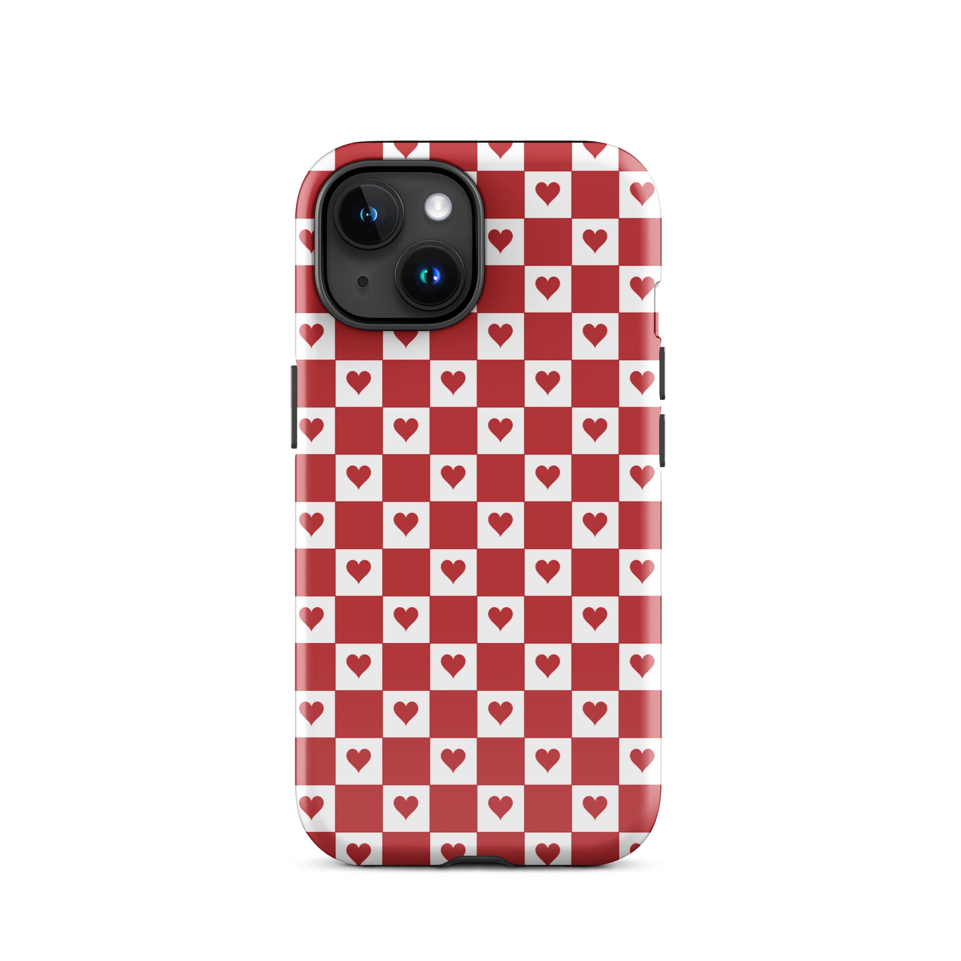Phone Case with cute red heart checkered design for iPhone, charming red and white pattern with small crimson hearts.