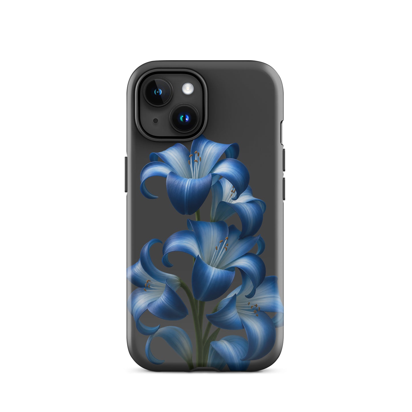 Phone Case for iPhone featuring blue lily bloom art on a dark sleek background with a tough, stylish design for protection.