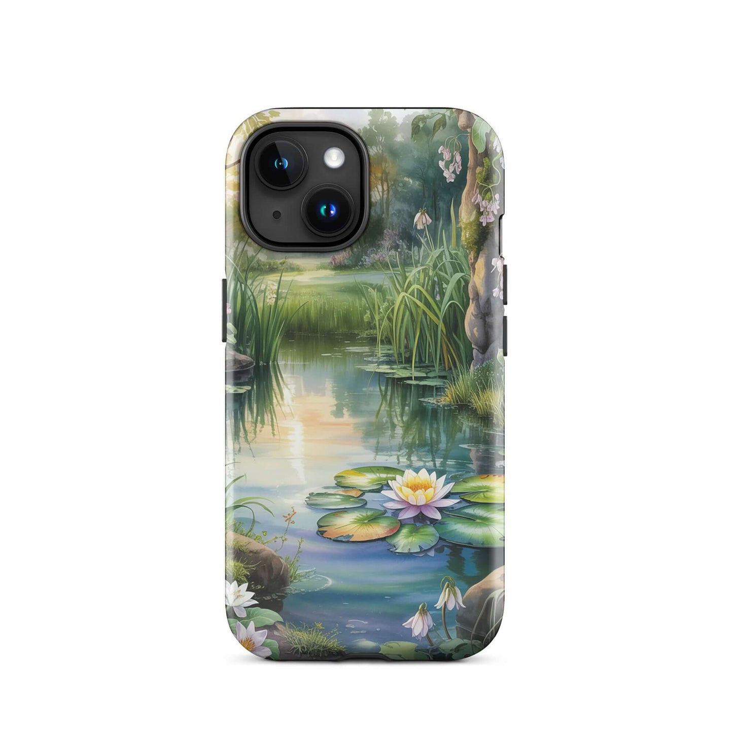 Phone Case with an enchanted pond design featuring lily pads, wildflowers, and soft golden reflections. Perfect for iPhone users.