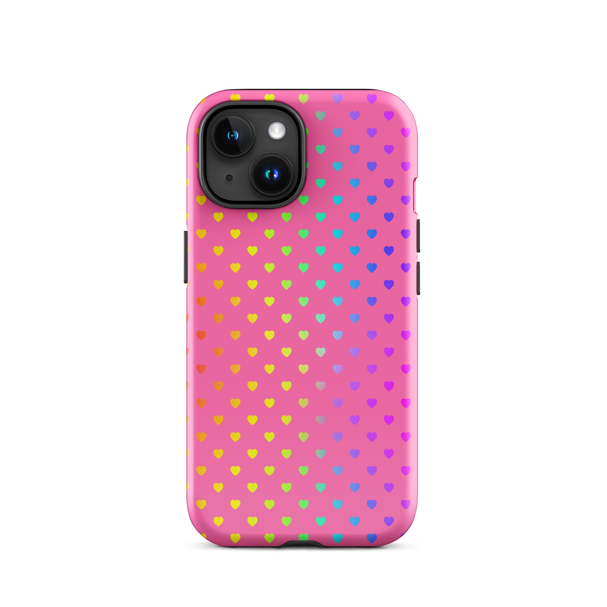 Phone Case for iPhone with cute rainbow hearts on pink background, dual-layer protection, colorful and playful design.
