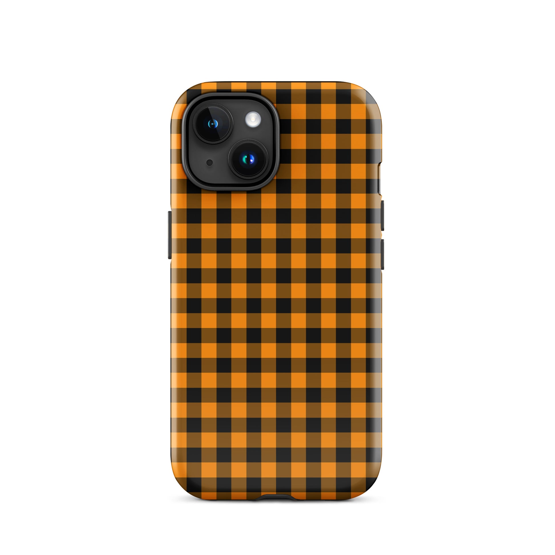 Black-and-orange gingham phone case for iPhone with Autumn theme, showcasing a stylish design and superior durability.