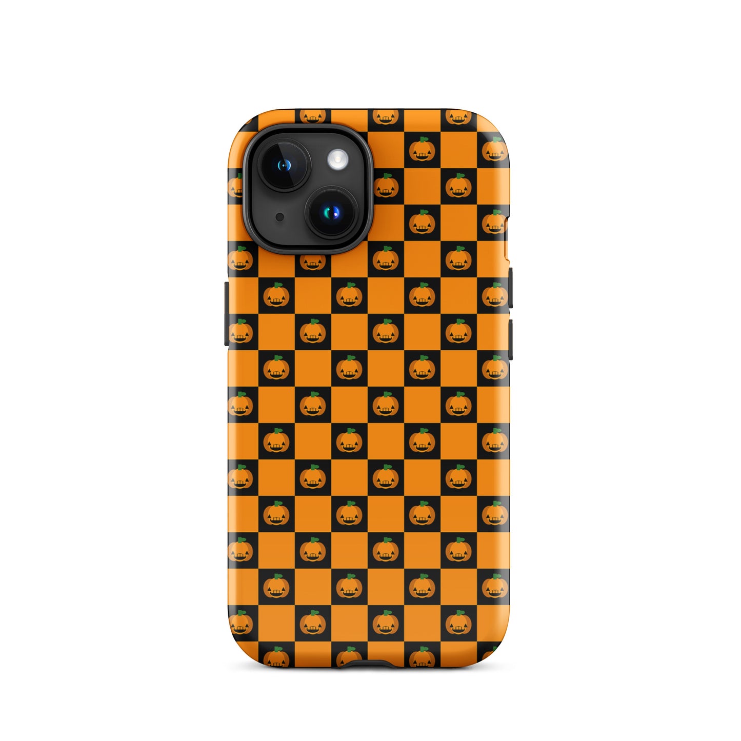 Phone Case for iPhone with playful pumpkin checkered Halloween design, featuring black squares with jack-o’-lanterns.