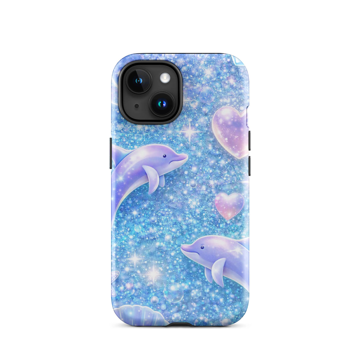 Phone Case for iPhone with ocean glitter design featuring dolphins, moonlit shells, and celestial elements in a dreamy, sparkling theme.