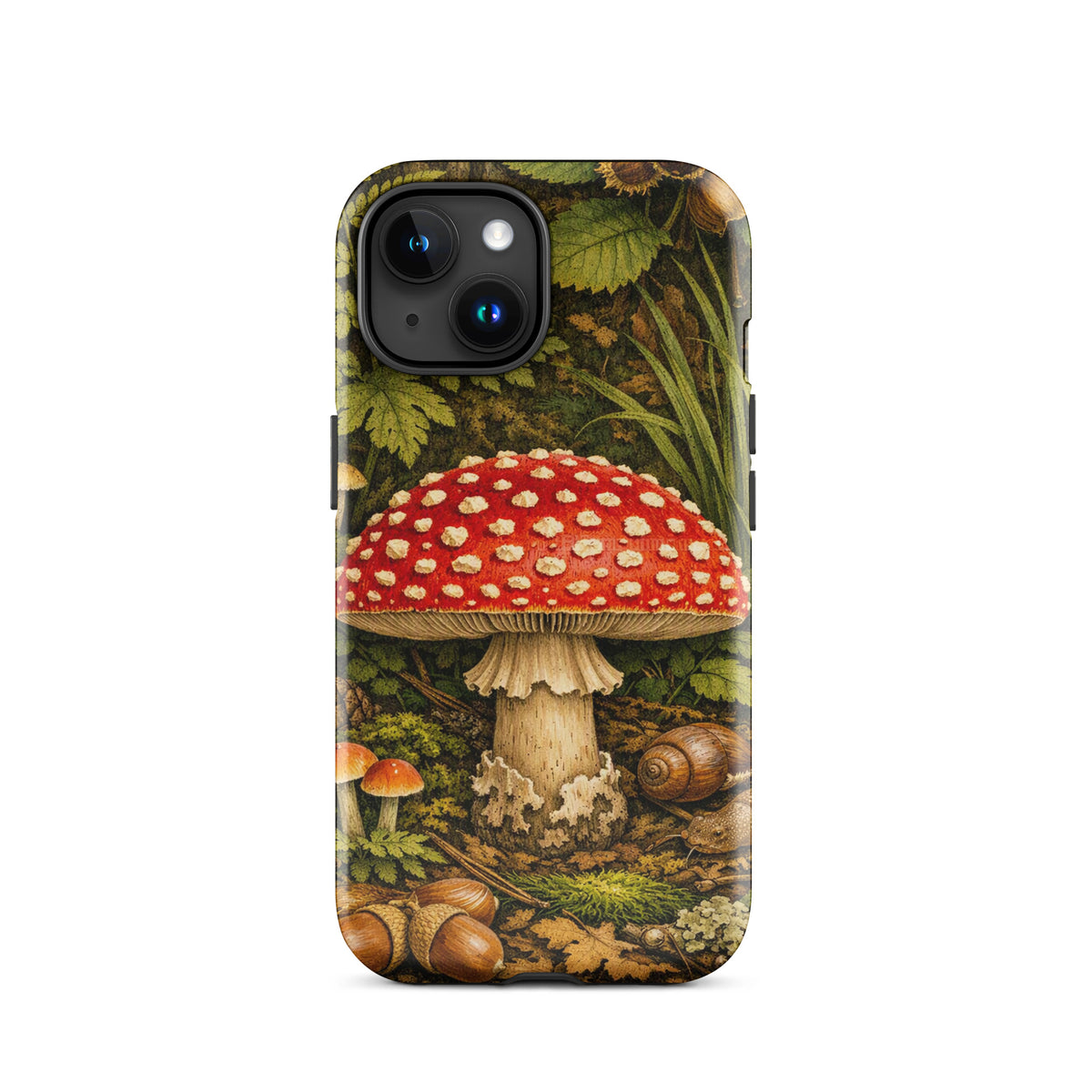 Phone Case with illustrated Amanita muscaria mushroom in lush forest design, iPhone compatible, featuring vivid red and white details.