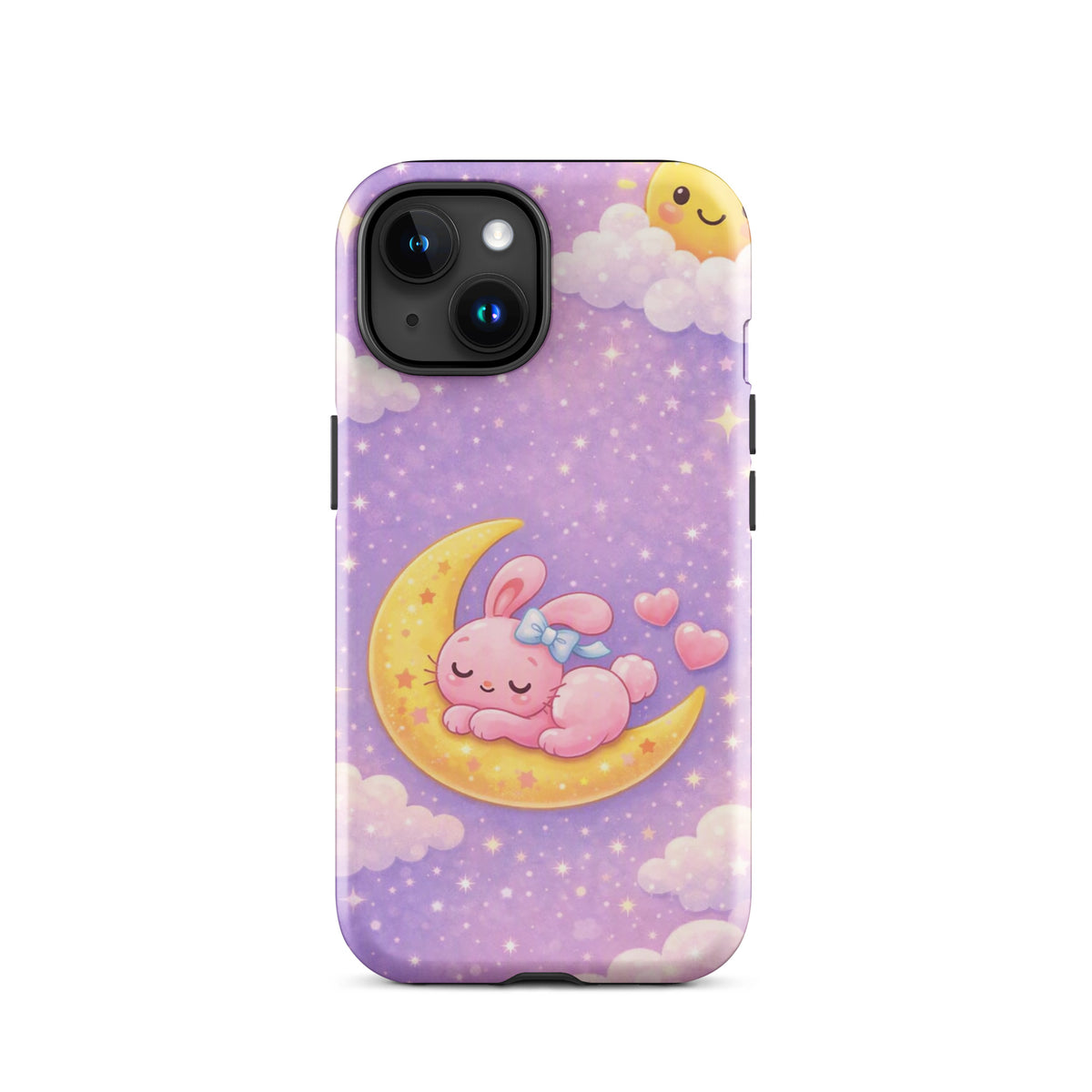 Phone Case with cute bunny on crescent moon design for iPhone, featuring pastel night sky and stars, cozy and durable protection.