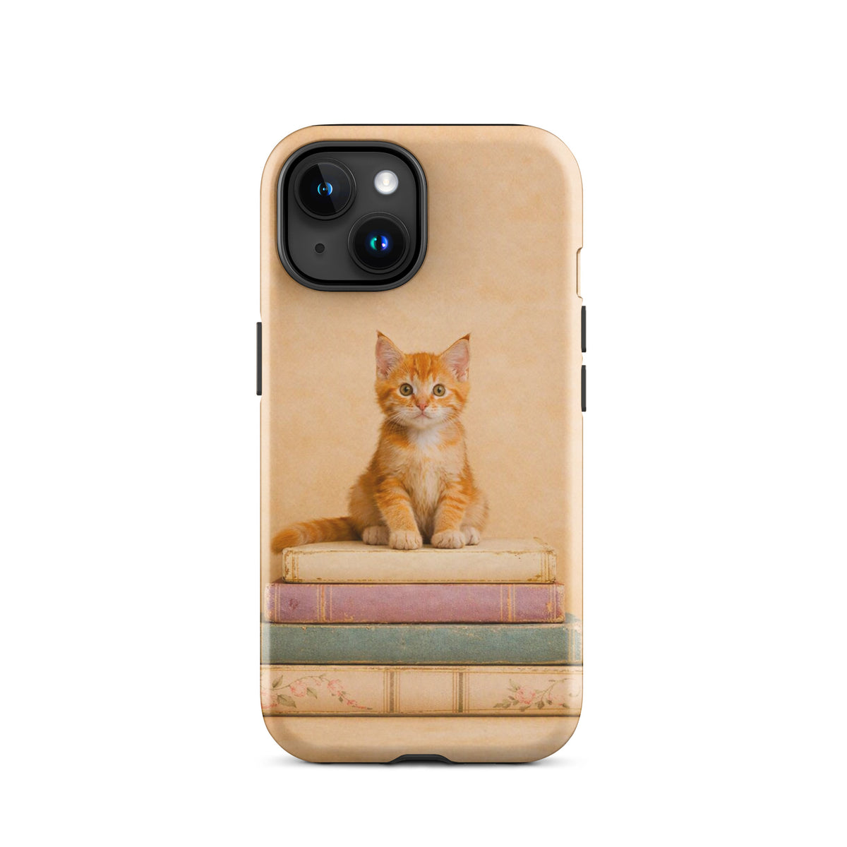 Phone Case with orange kitten on vintage books design for iPhone.