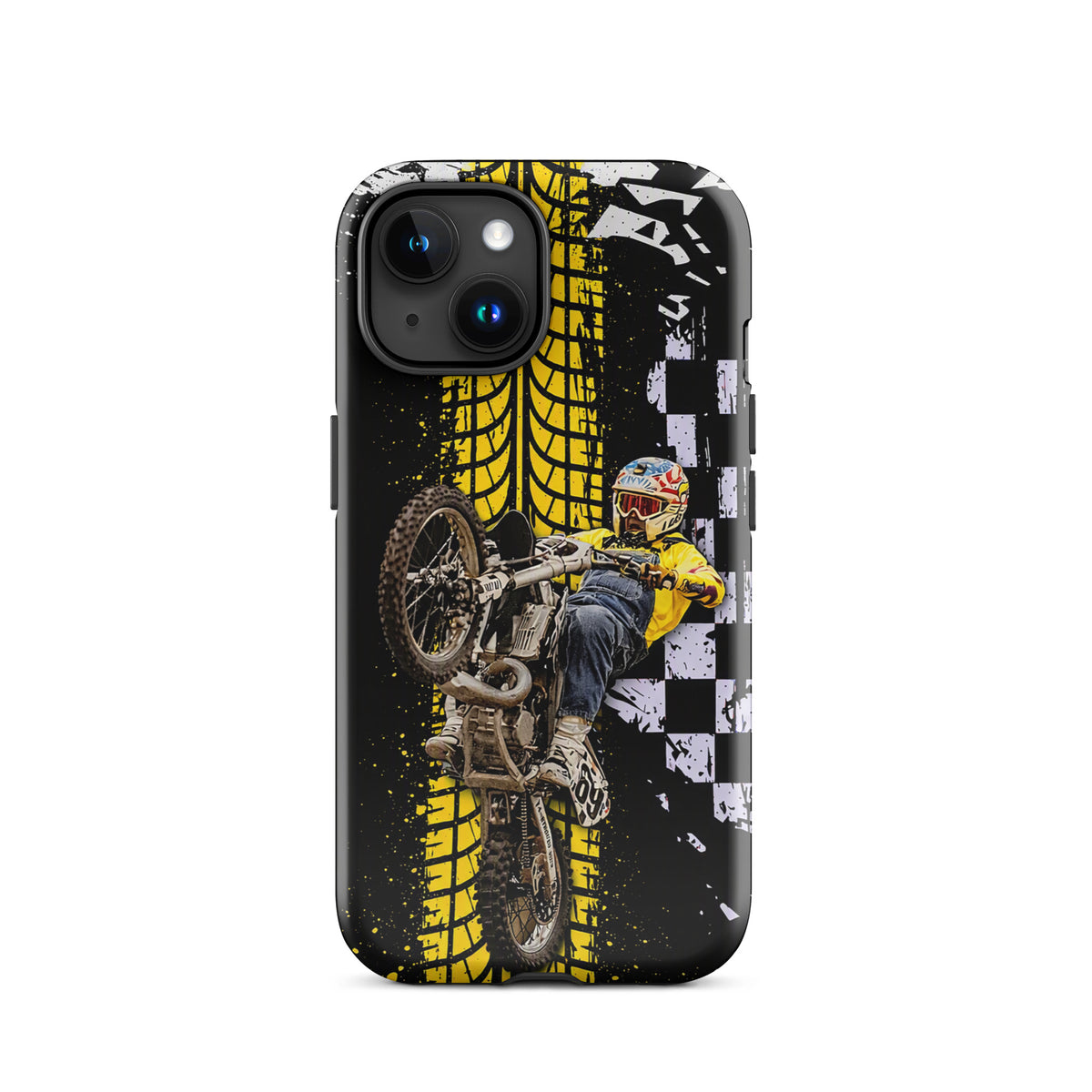 Phone Case for iPhone with Ronnie Mac air-wheelie design featuring yellow tire and checkerboard pattern.