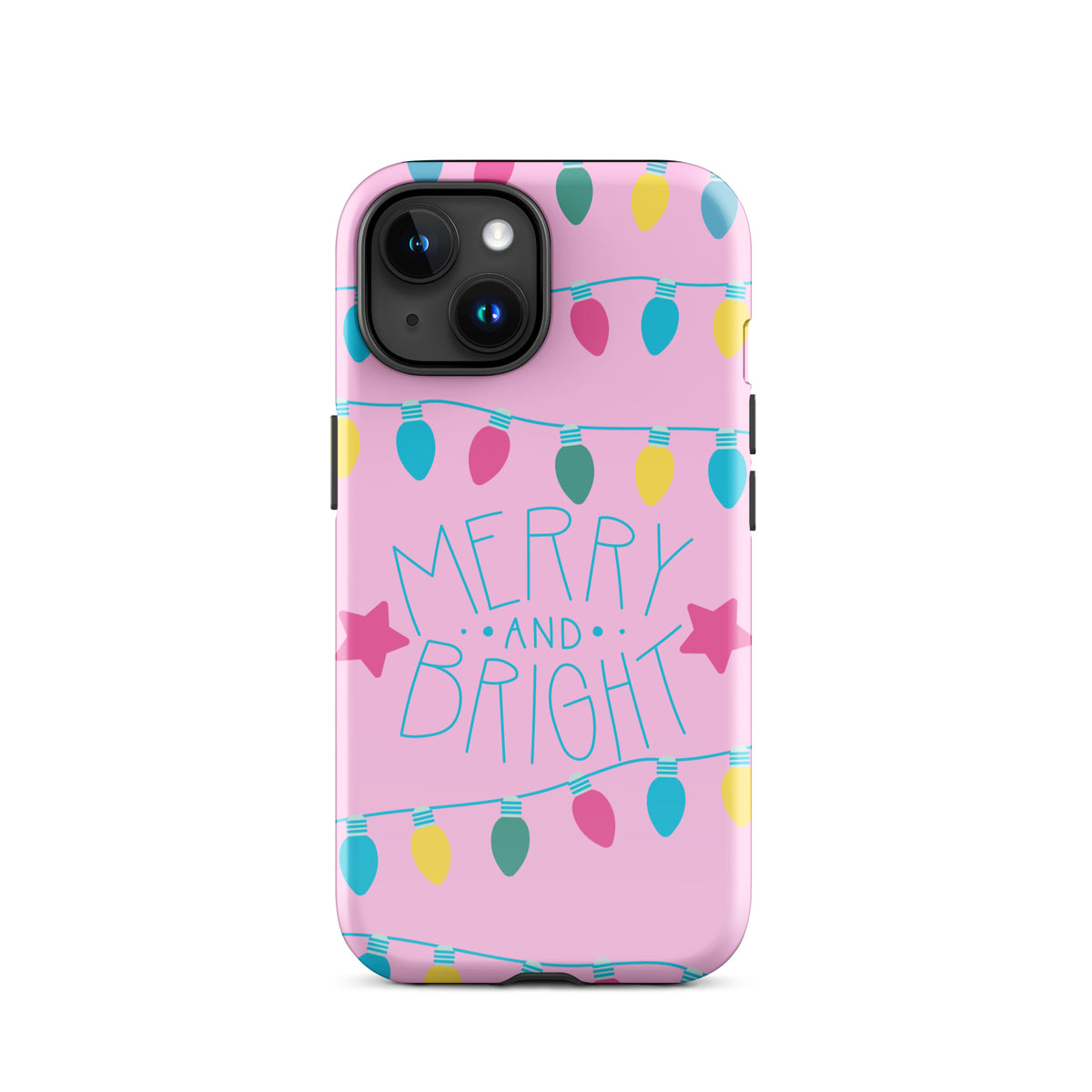 Phone Case for iPhone with Merry and Bright holiday lights design on a pink background featuring colorful bulbs and stars.