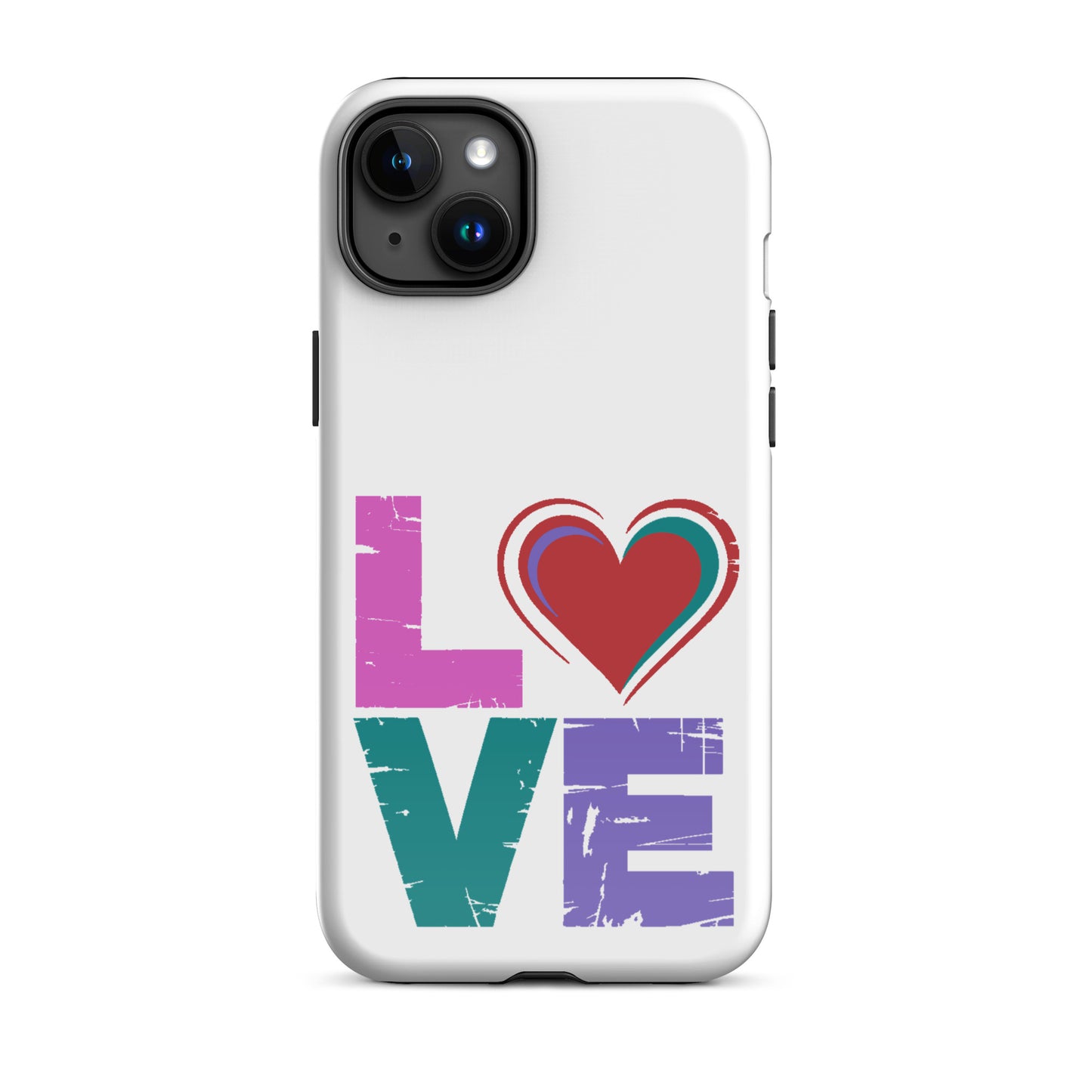 Love Tough Dual Layerd Case for iPhones featuring colorful 'LOVE' design and heart.