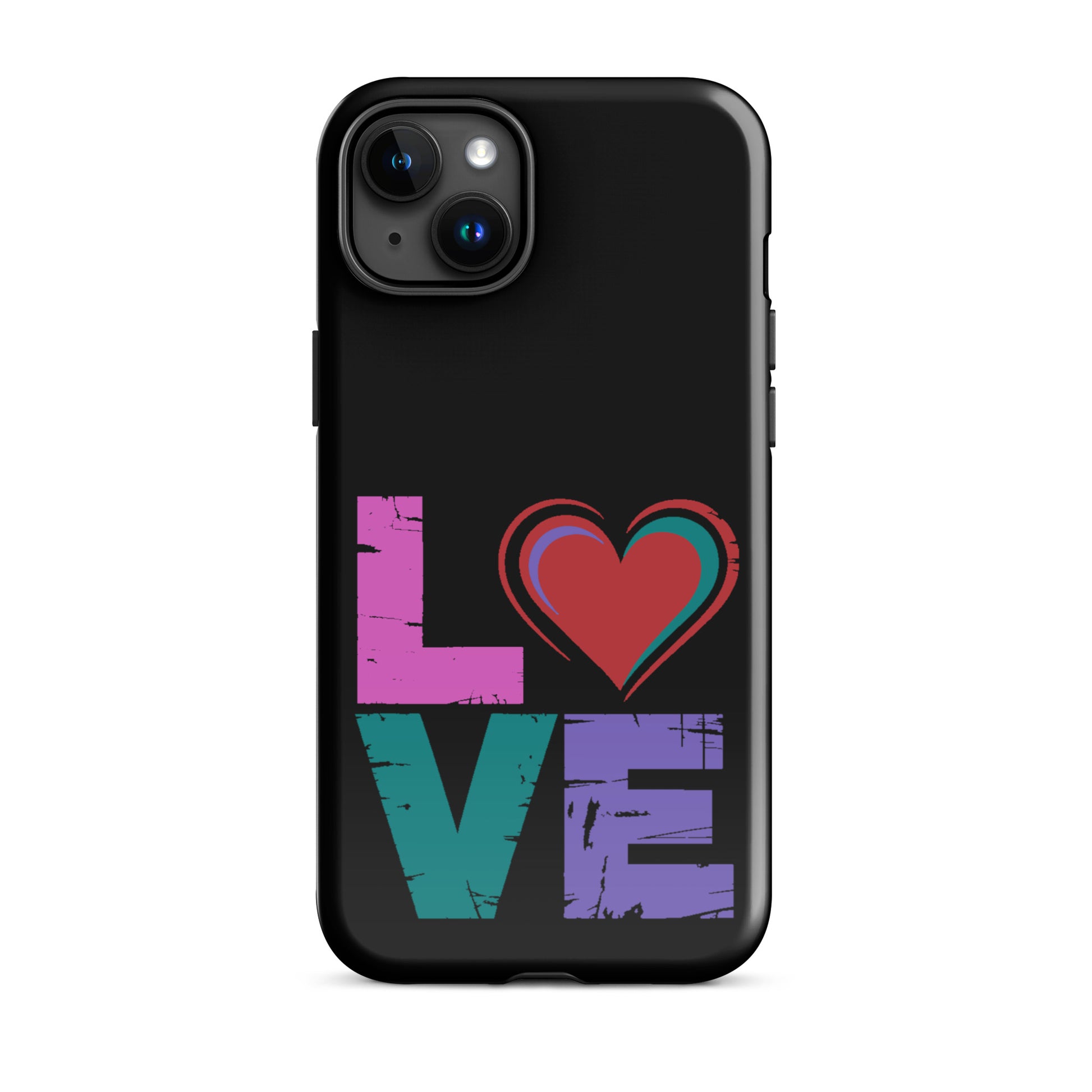 Love Tough Dual Layered Case for iPhones with colorful 'love' design and heart on a black background.