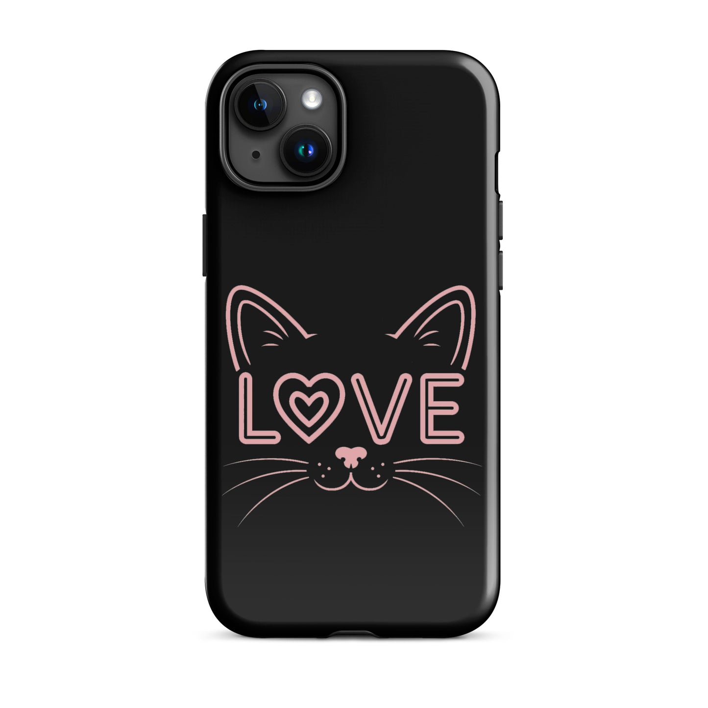 Cat Love Phone Case for iPhone featuring a minimalist cat face design and 'LOVE' accent.