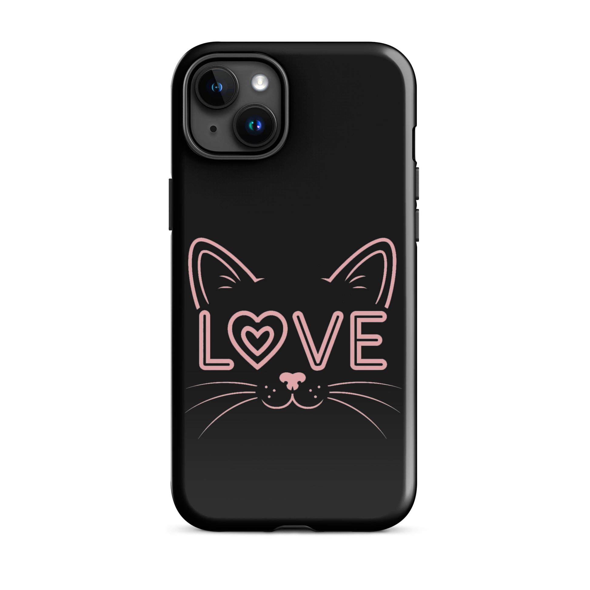 Cat Love Phone Case for iPhone featuring a minimalist cat face design and 'LOVE' accent.