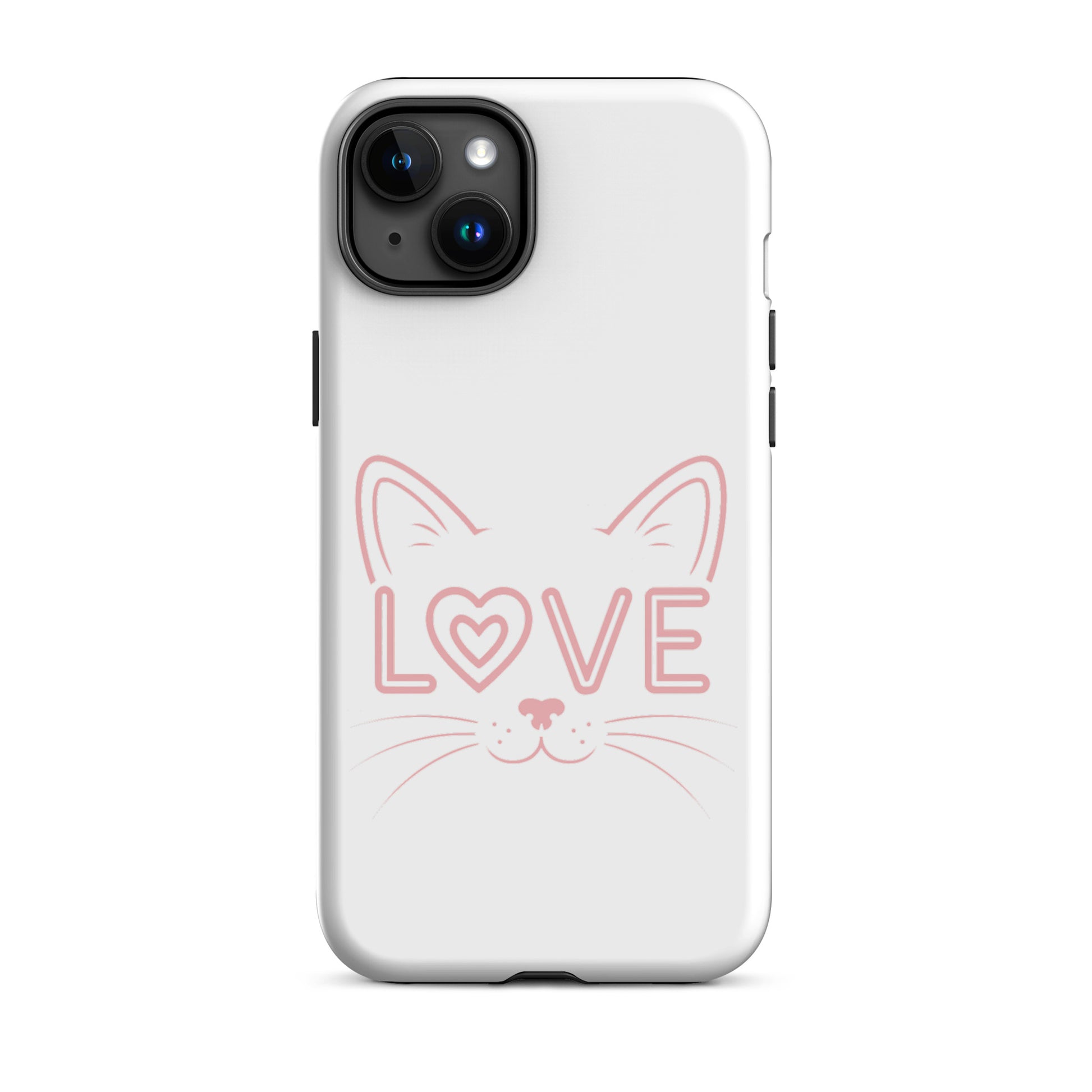 Cat Love Phone Case for iPhone featuring a minimalist cat face and the word 'LOVE' in a modern design.