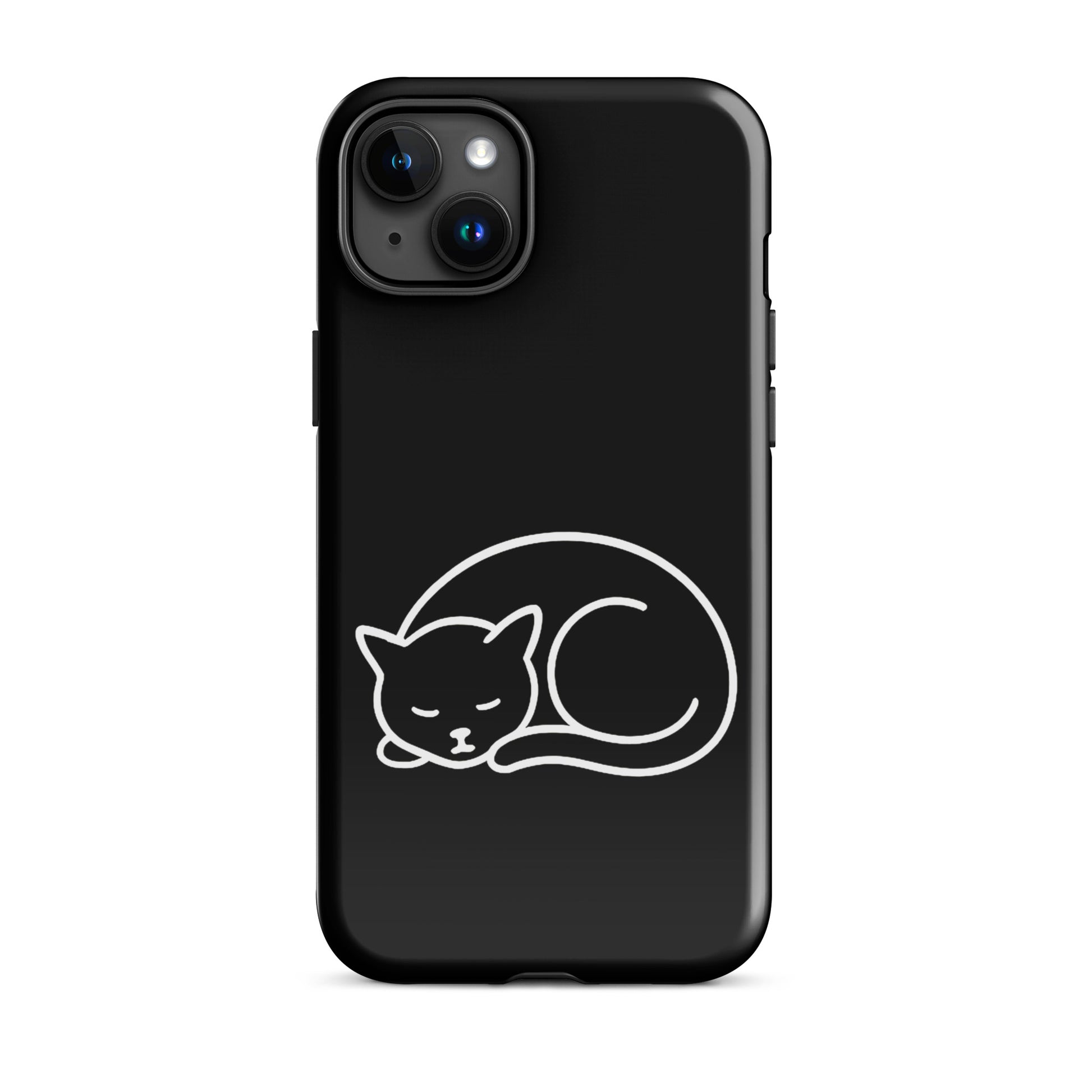 Phone case for iPhone featuring a minimalist curled-up cat design on a black background.