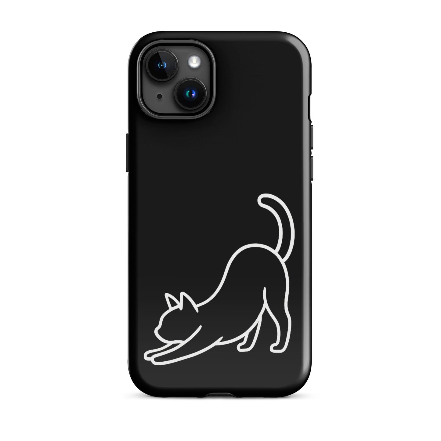 Phone Case featuring a minimalist stretching cat design on a sleek black background.
