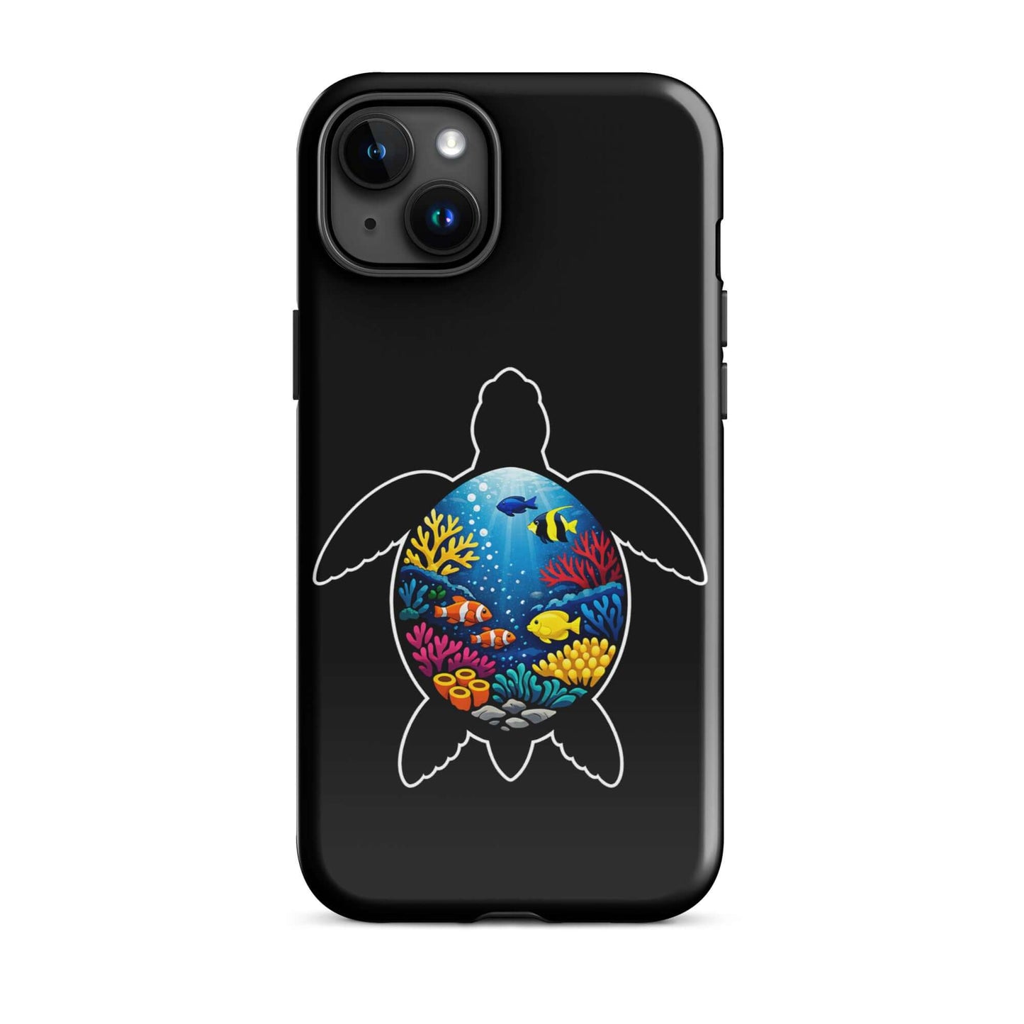 Phone Case featuring vibrant sea turtle reef design on a black background, perfect for marine life enthusiasts.