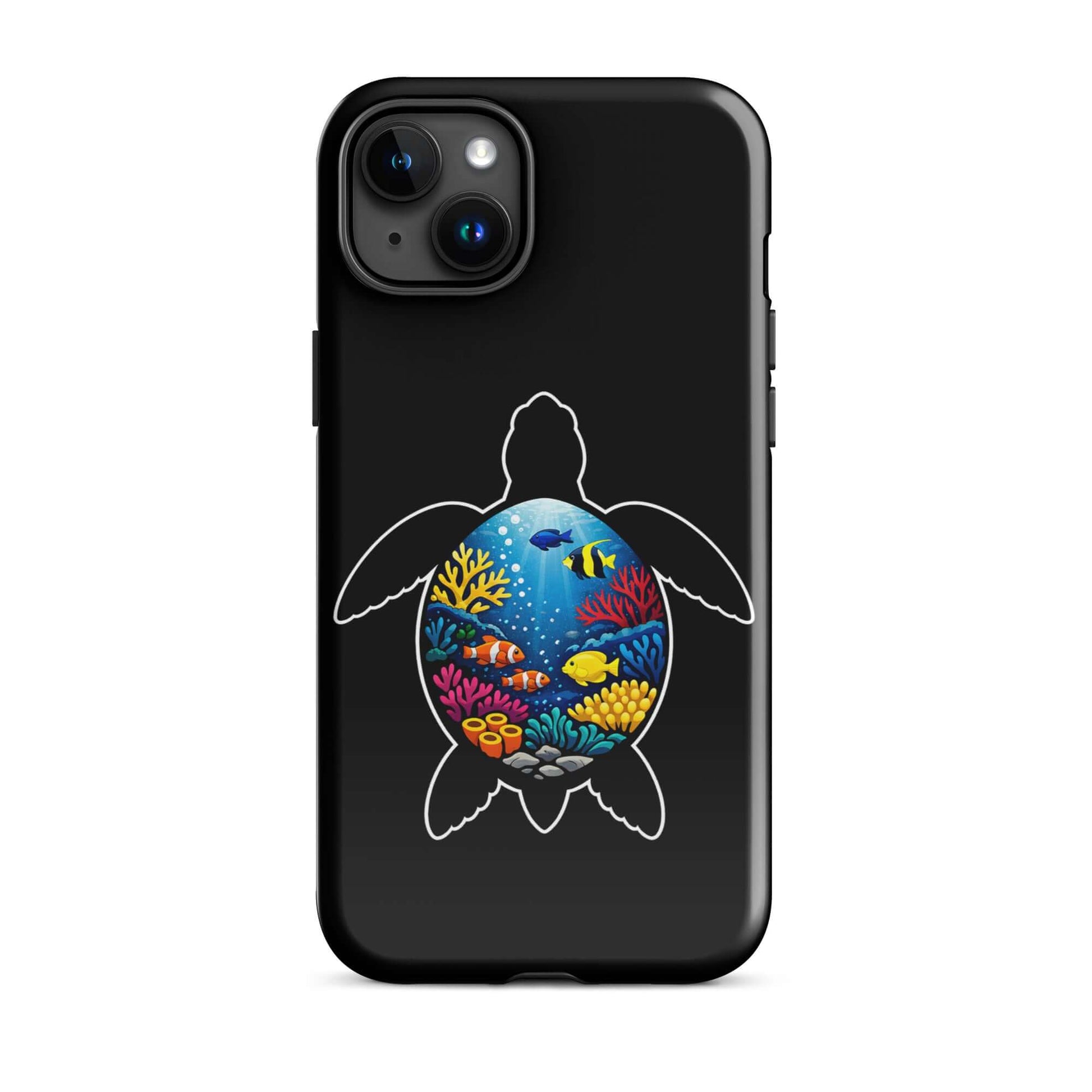 Phone Case featuring vibrant sea turtle reef design on a black background, perfect for marine life enthusiasts.