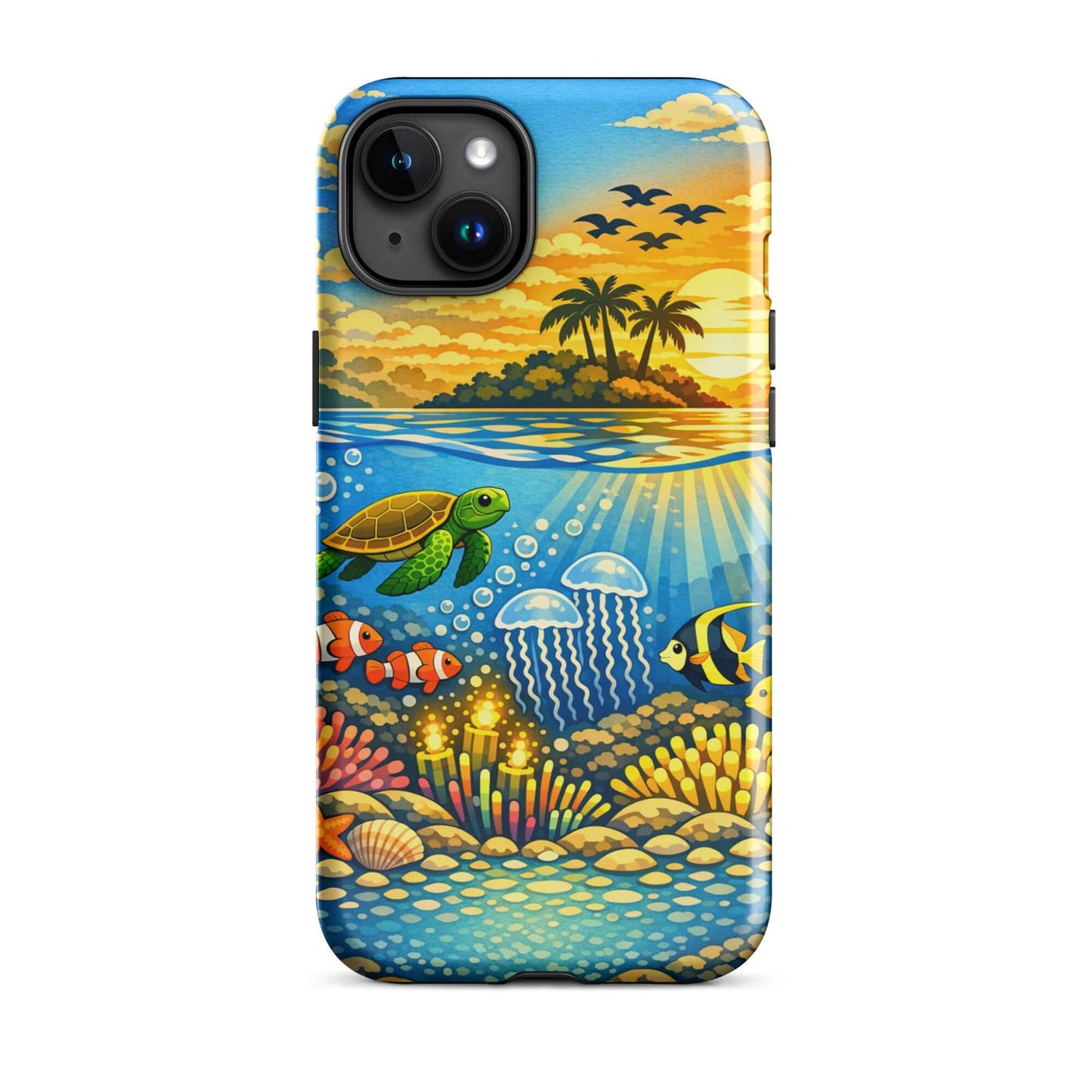 Phone Case for iPhone featuring tropical sunset and vibrant underwater reef design.