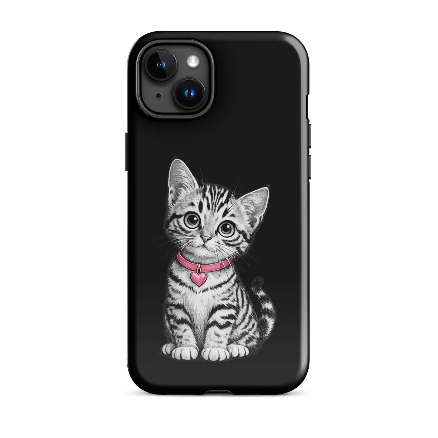 Phone Case for iPhone with pencil sketch kitten design and pink heart charm, featuring black-and-white detail and artistic style.