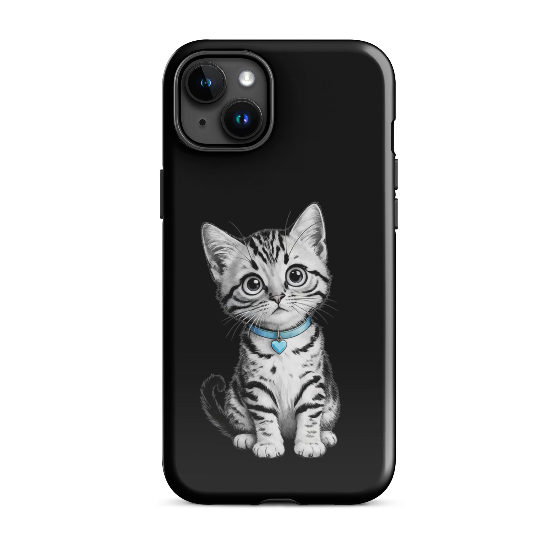 Phone Case for iPhone with kitten sketch and blue heart charm, featuring black-and-white design for premium protection and style.