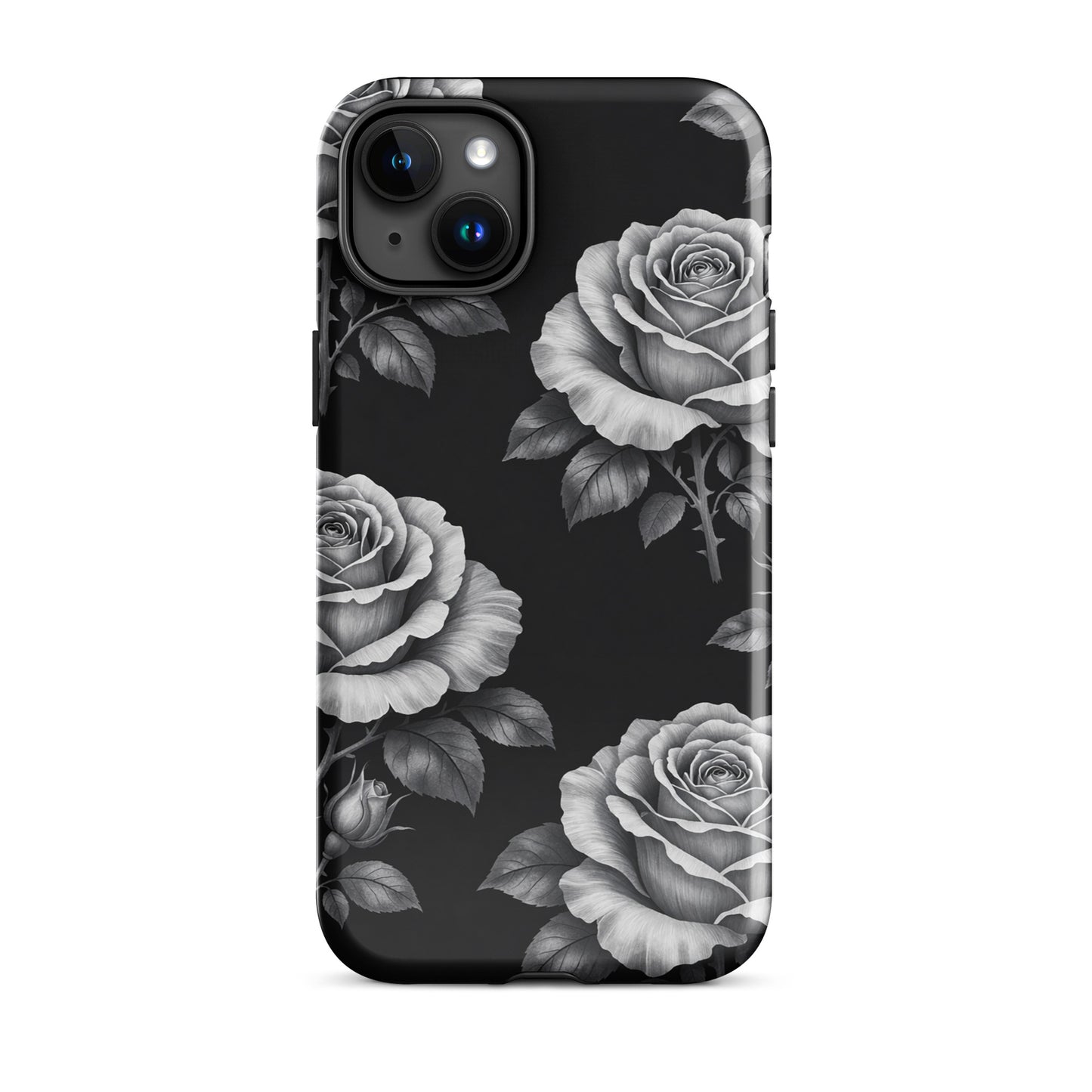 Phone Case for iPhone with rose garden design, featuring hand-sketched roses on black background for a floral and elegant look.
