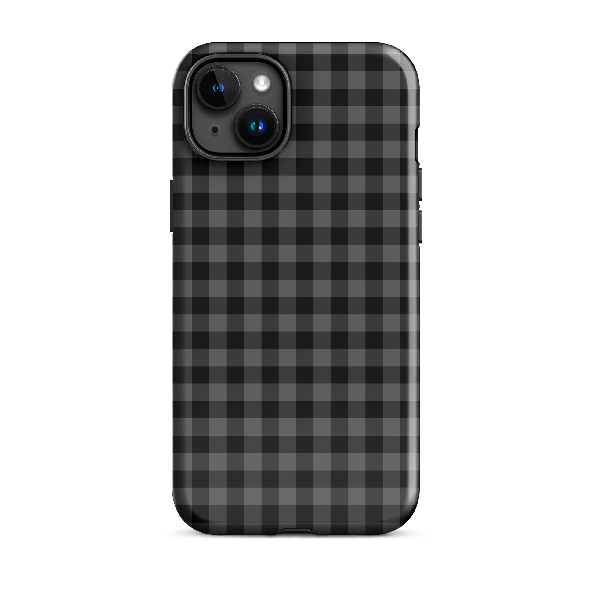 Phone Case with black and charcoal gingham pattern for iPhone, offering modern style and protection.
