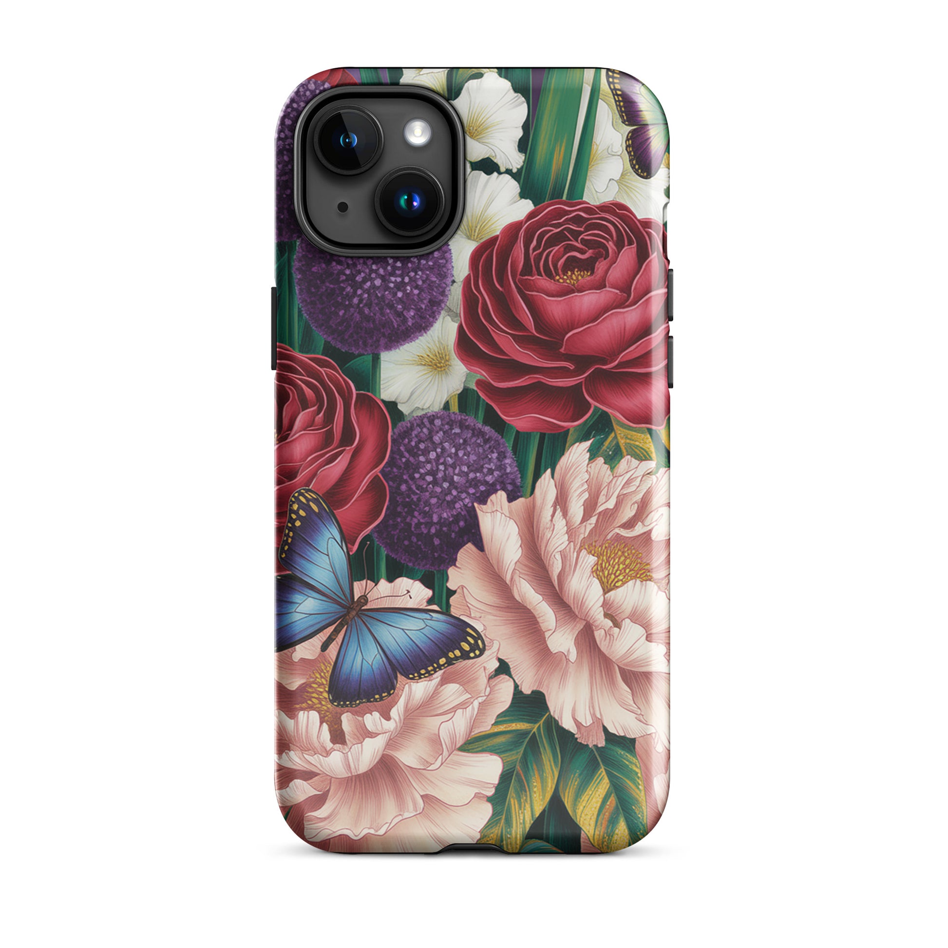 Phone Case for iPhone featuring botanical blooms with roses, peonies, alliums, and butterflies on a lush garden design.