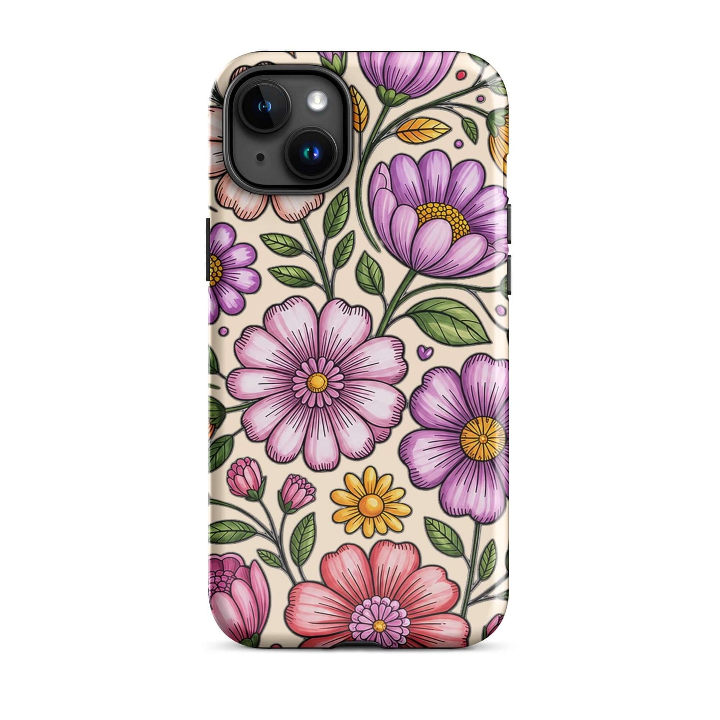 Phone Case with pastel floral design featuring pinks, peaches, lavenders, yellows for iPhone with impact-resistant polycarbonate shell.