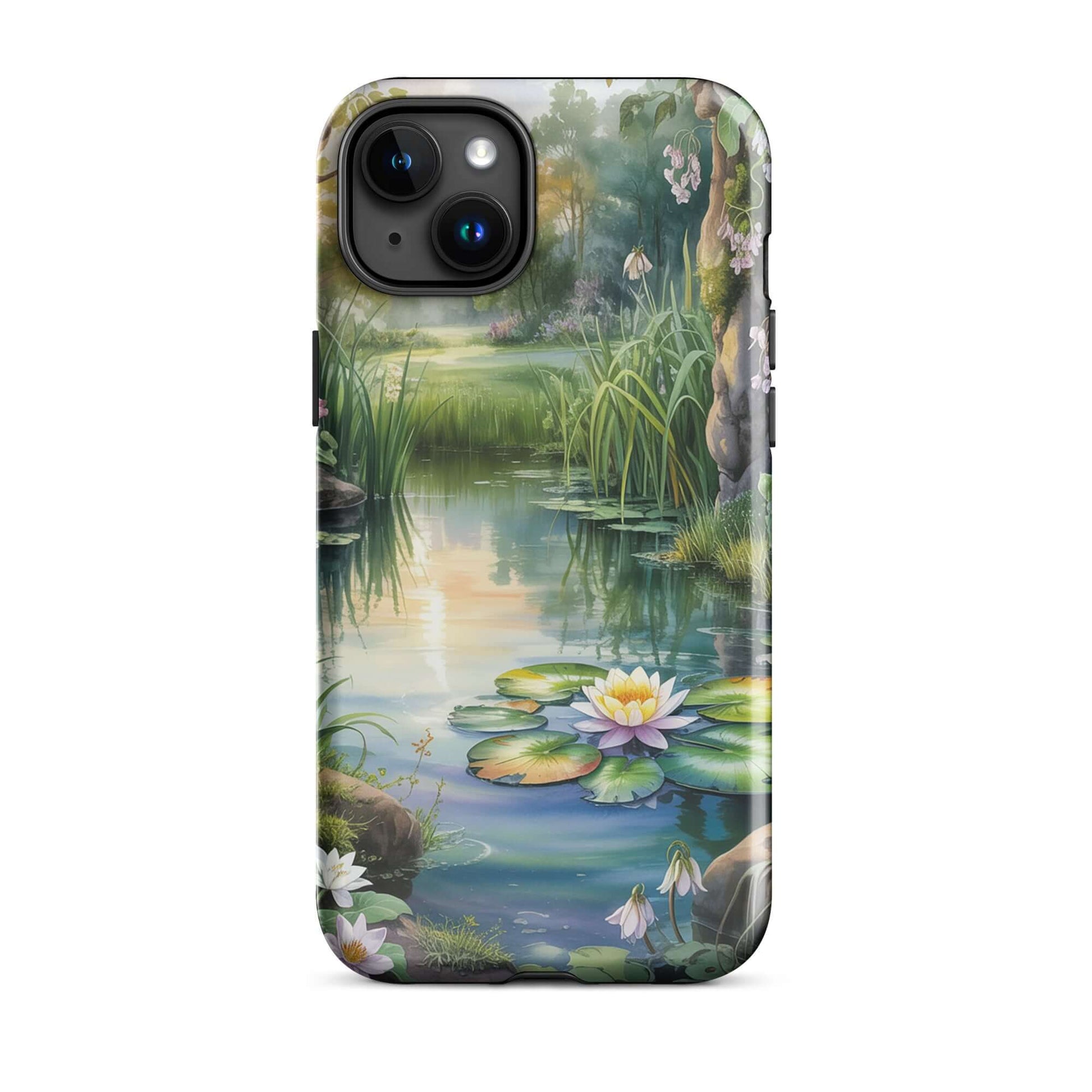 Phone Case for iPhone with enchanted pond design featuring lily pads, wildflowers, and soft sunset reflections. Perfect for nature lovers.