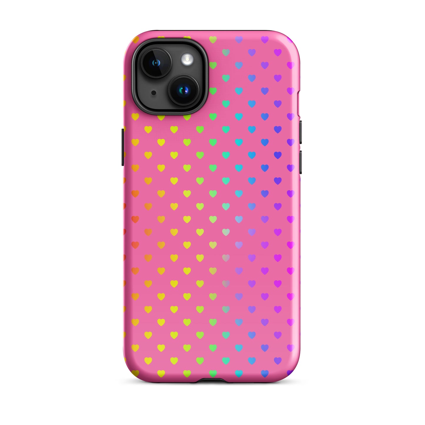 Phone Case for iPhone with cute rainbow hearts on a pink background, colorful and charming design that protects your device.