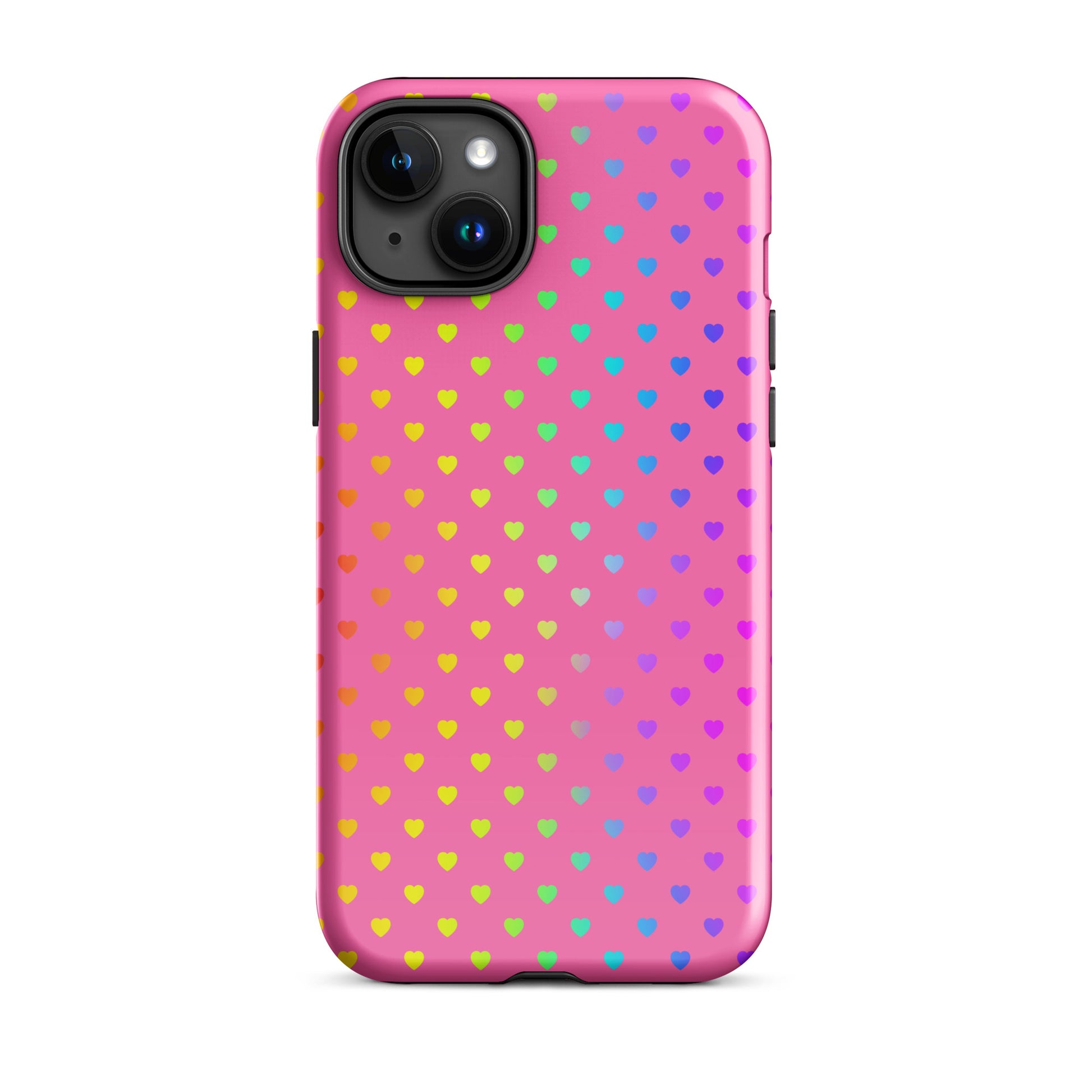 Phone Case for iPhone with cute rainbow hearts on a pink background, colorful and charming design that protects your device.